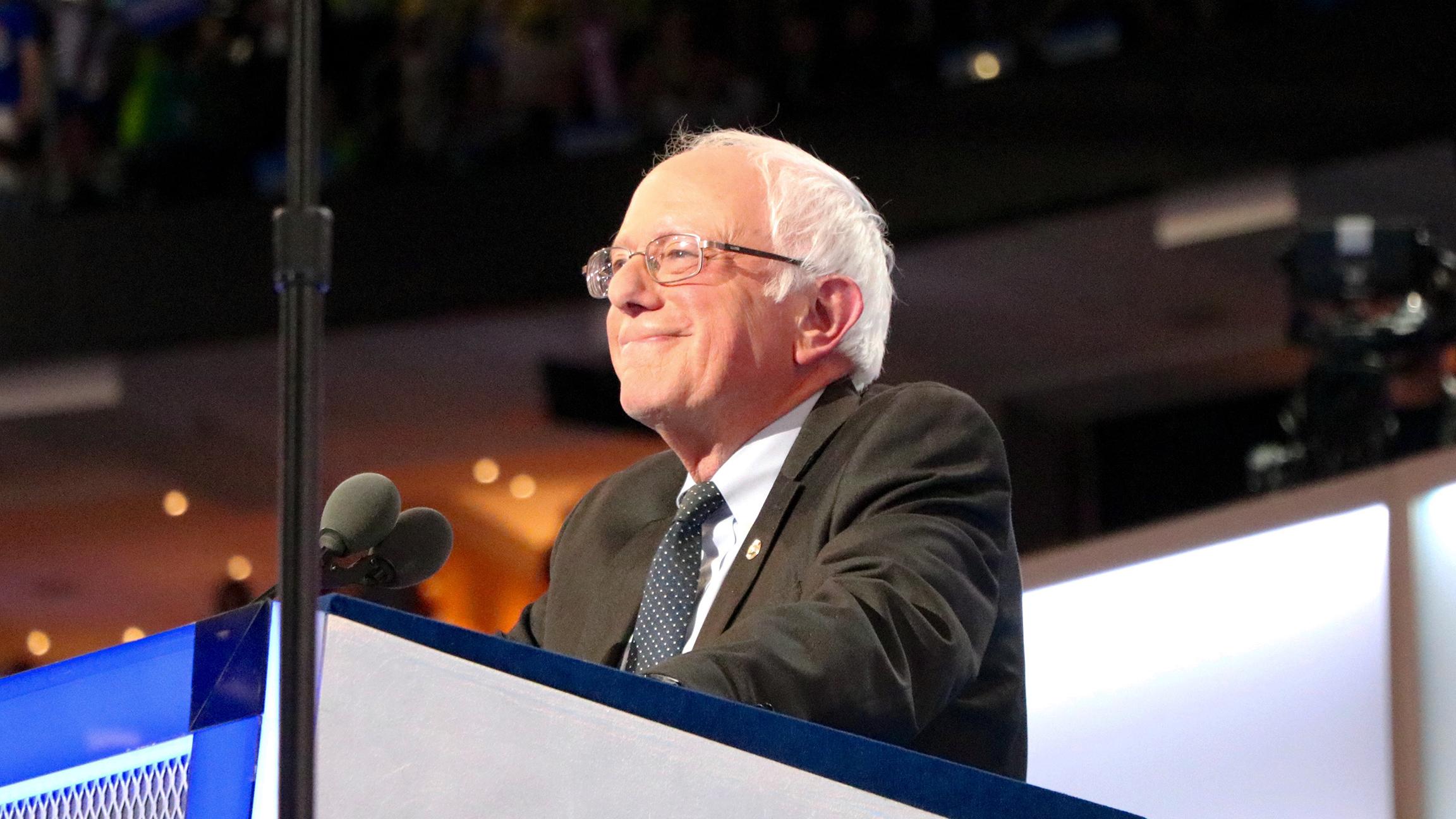 Former Democratic presidential candidate Bernie Sanders speaks Monday at the Democratic National Convention. (Evan Garcia / Chicago Tonight)