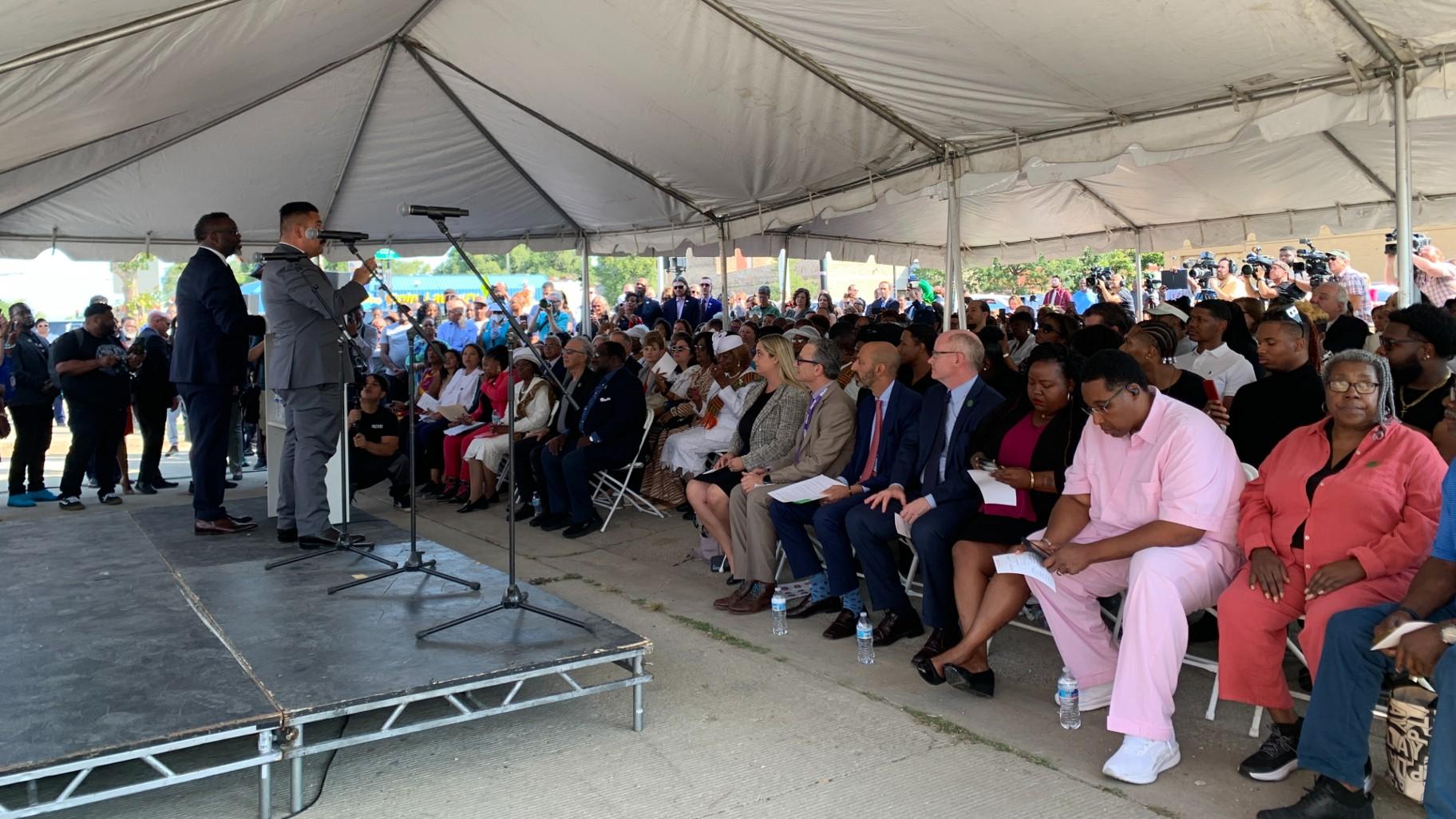 Mayor Brandon Johnson speaks to attendees during a groundbreaking ceremony for Sankofa Wellness Center, at the corner of West Madison Street and South Kildare Avenue, on September 16, 2024. (Eunice Alpasan / WTTW News)