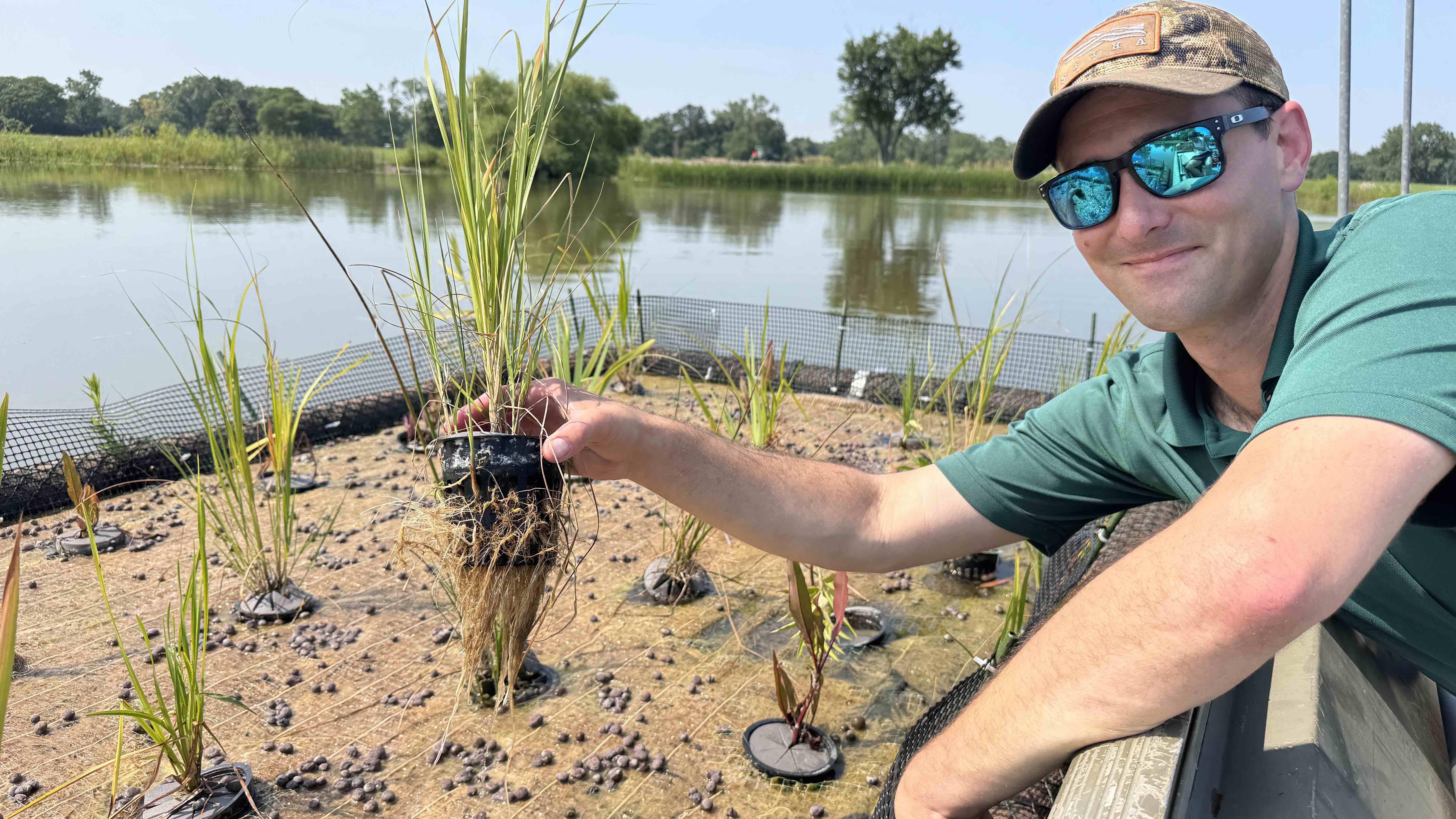 Mike Feldmann is proud of his roots. After just one month, the floating wetland’s plants have undergone underwater growth. The roots will remove pollutants from the water and provide habitat for fish and aquatic insects. (Patty Wetli / WTTW News)