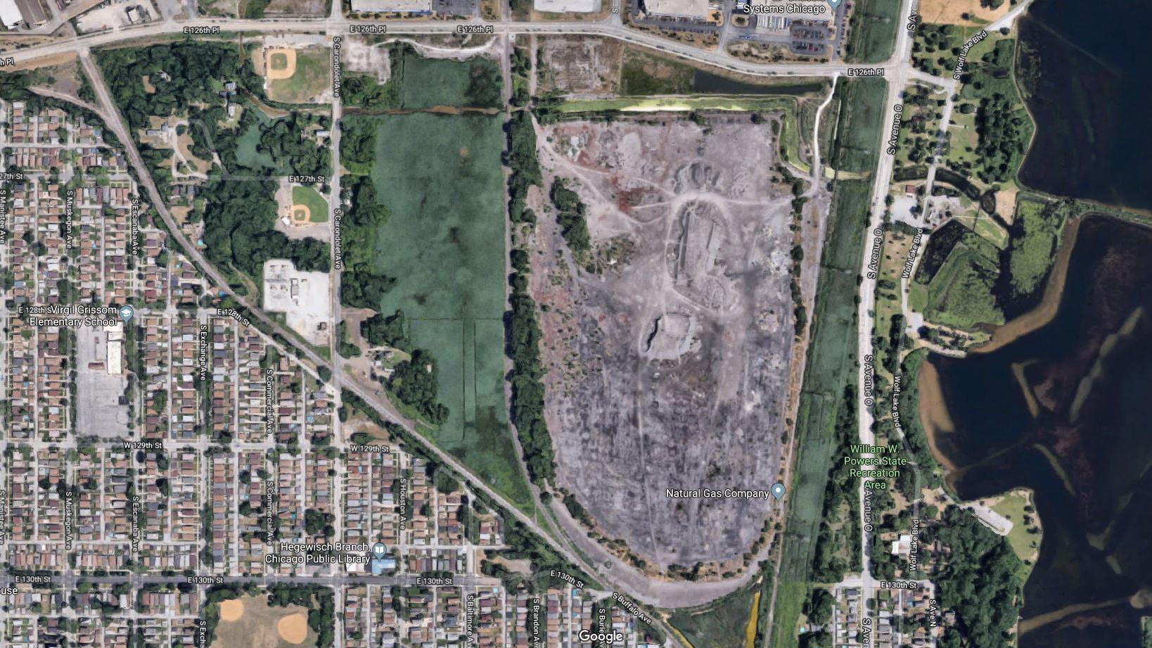 An overhead view of the 67-acre Schroud Realty Group site just west of Wolf Lake on Chicago’s Southeast Side. (Google)