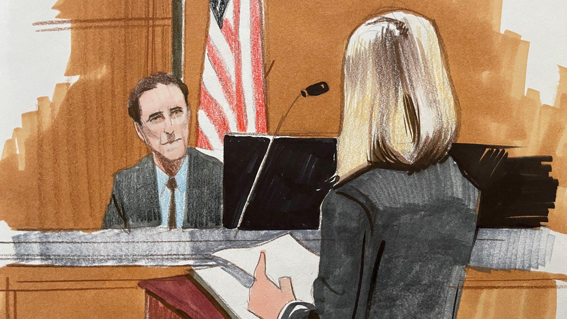 Former state Rep. Scott Drury testifies during the trial of Michael Madigan and Michael McClain on Oct. 22, 2024. (Illustration by Cheryl Cook)