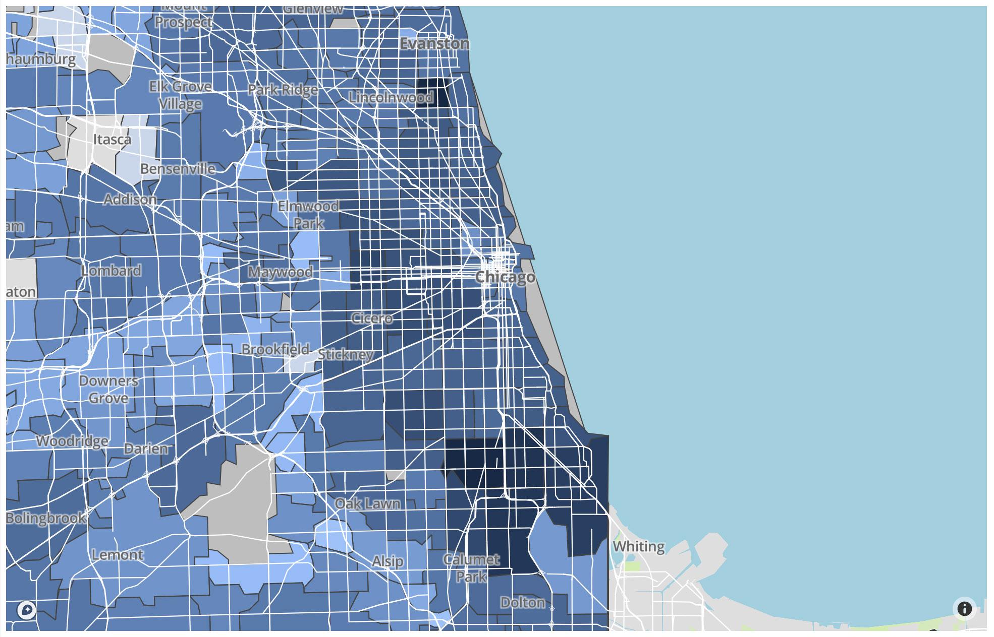 A map displays data confirmed cases of COVID-19 by zip code. Click to access the source. (Illinois Department of Public Health)