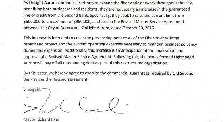 A letter signed by Aurora Mayor Richard Irvin authorizing a line of credit increase. (City of Aurora)