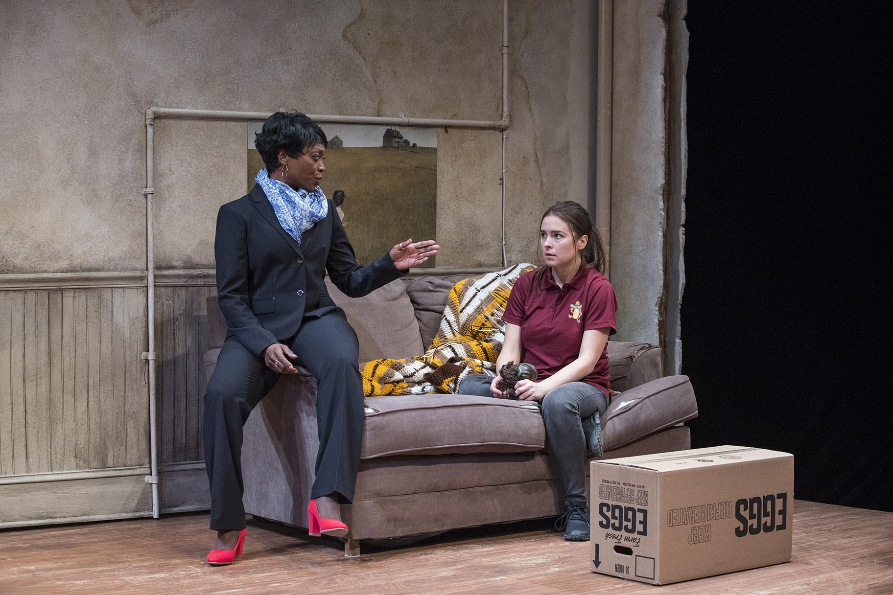 Shanesia Davis, left, and Leah Karpel in Sharyn Rothstein’s “Landladies” at Northlight Theatre. (Photo credit: Michael Brosilow)