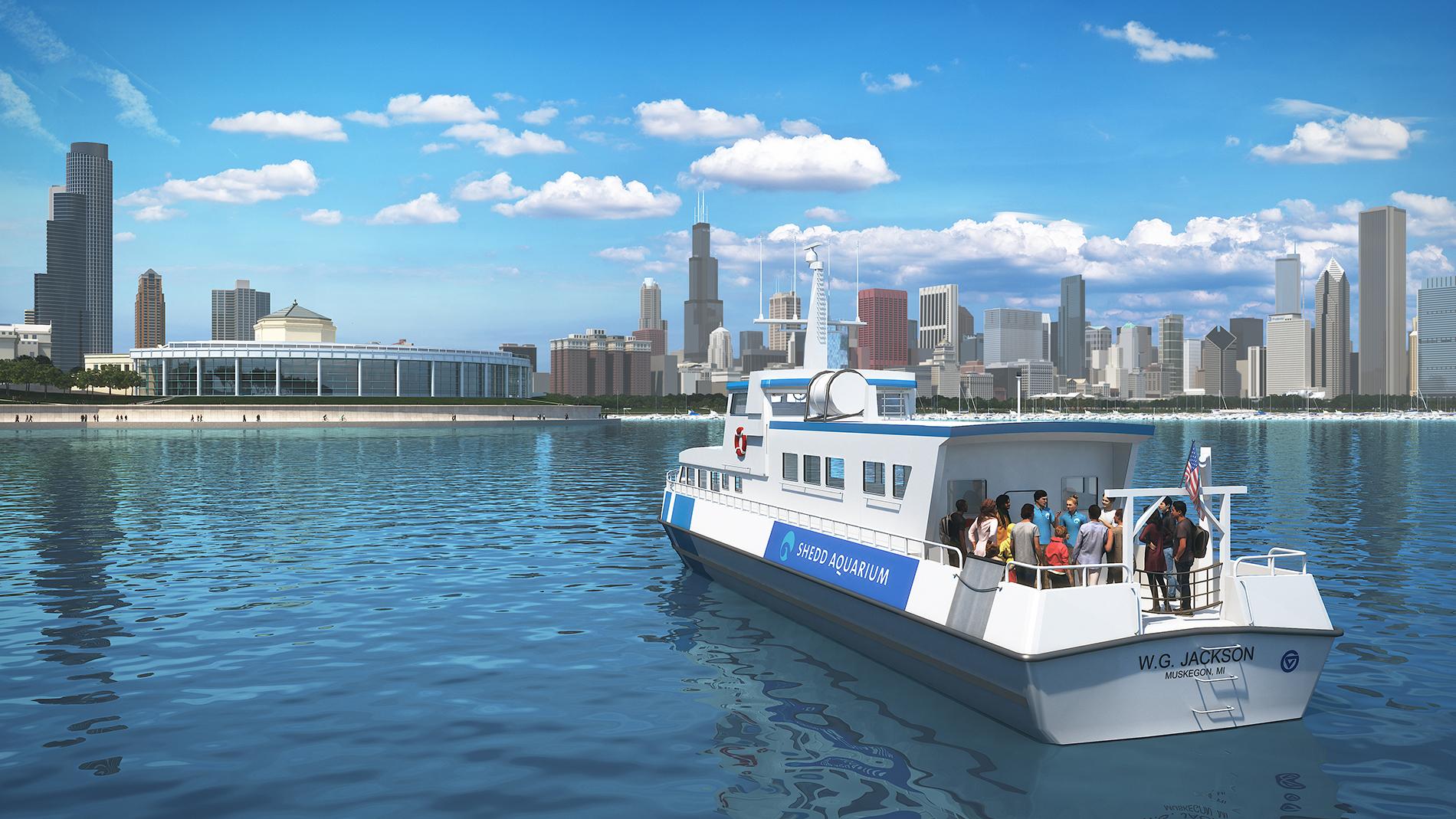 A graphic rendering depicting Shedd Aquarium's new 90-minute boating experiences, which will take place on the Chicago River and Lake Michigan starting in July. (Courtesy Shedd Aquarium)