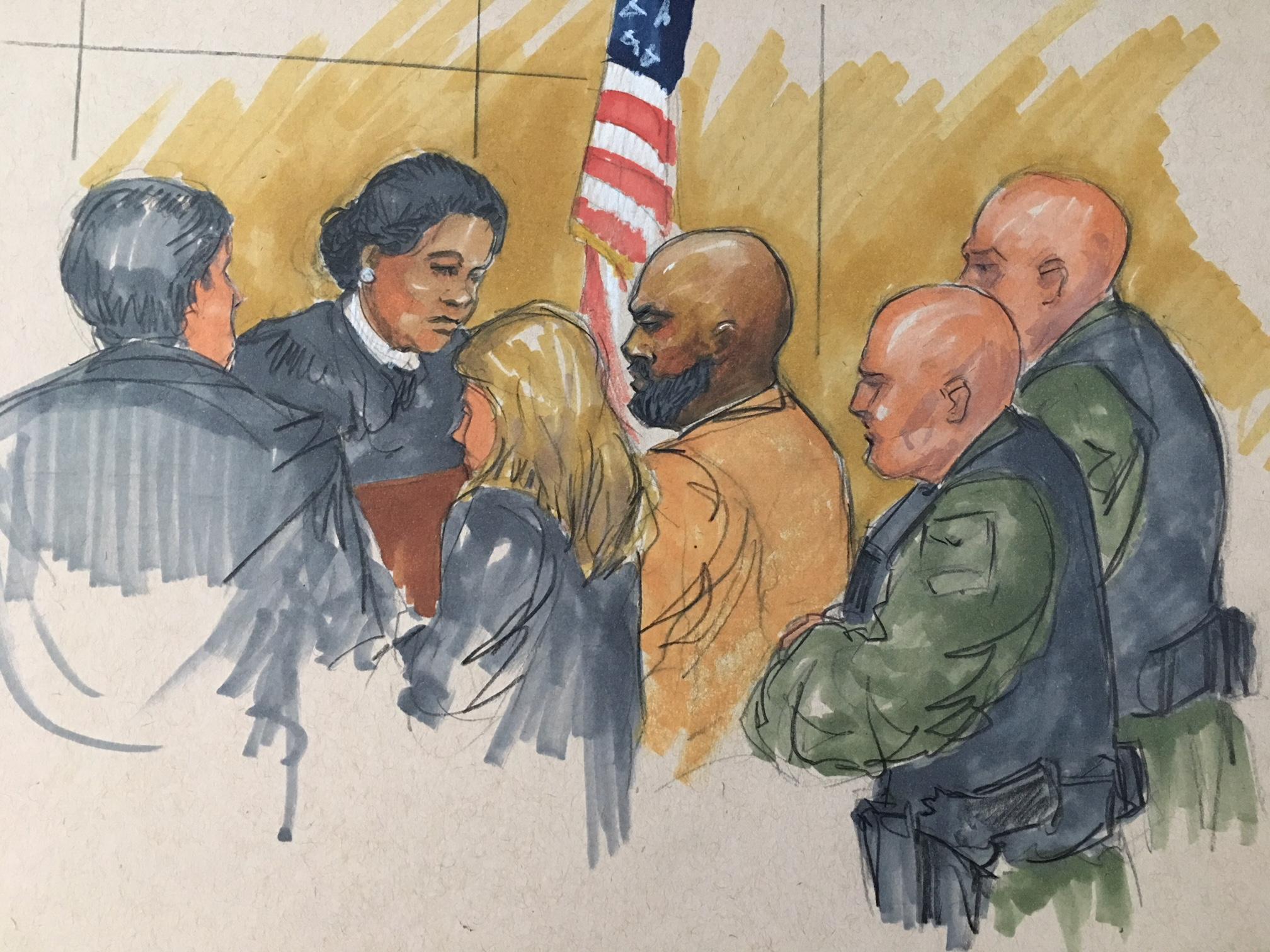 Shomari Legghette, center, appears before Cook County Judge Erica Reddick at the Leighton Criminal Court Building on Monday, March 12. (Courtroom sketch by Thomas Gianni)