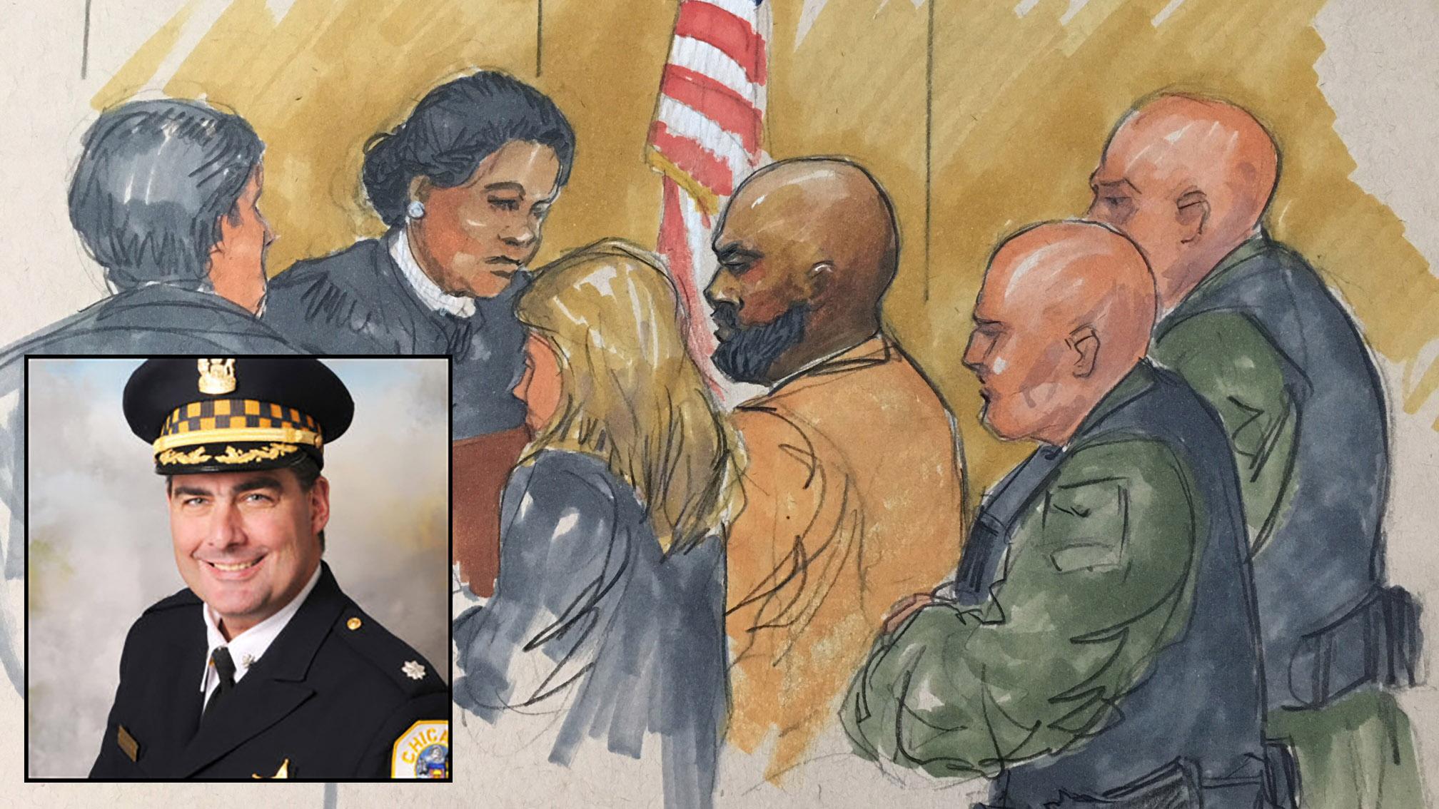 Shomari Legghette, center, appears before Cook County Judge Erica Reddick on Monday, March 12, 2018. (Courtroom sketch by Thomas Gianni). Inset: Chicago Police Cmdr. Paul Bauer.