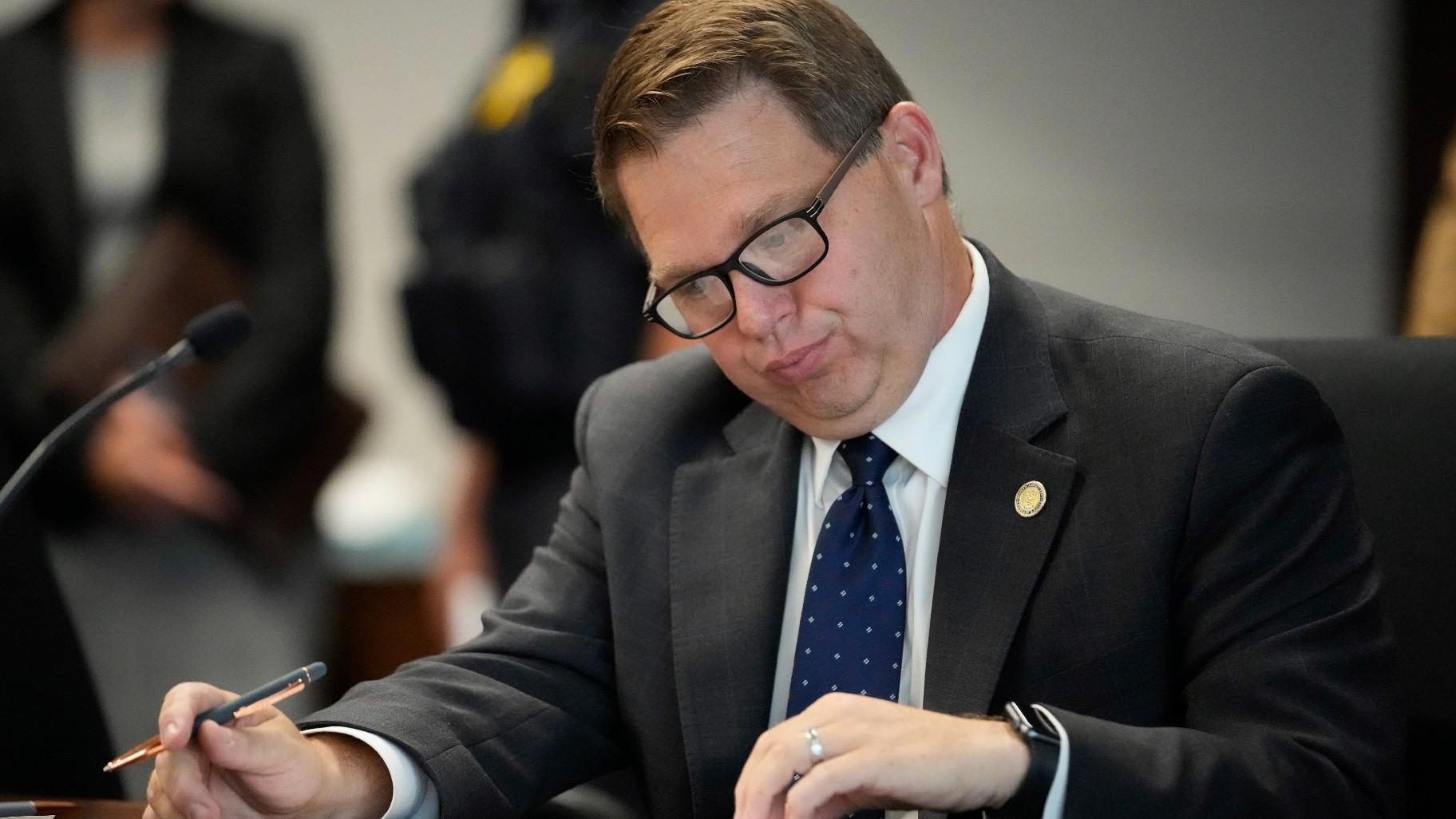 Lake County, Ill., State's Attorney Eric Rinehart prepares before Robert E. Crimo III appears before Judge Victoria A. Rossetti at the Lake County Courthouse in Waukegan, Ill., Wednesday, June 26, 2024. (AP Photo/Nam Y. Huh, Pool)