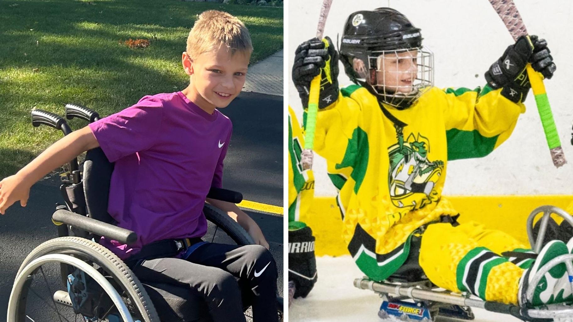 These undated photos provided by Jasculca Terman Strategic Communications show Cooper Roberts, who was a victim of the 2022 Fourth of July parade shooting in Highland Park, Ill. He remains paralyzed from the waist down. (The Roberts Family / Jasculca Terman Strategic Communications via AP)