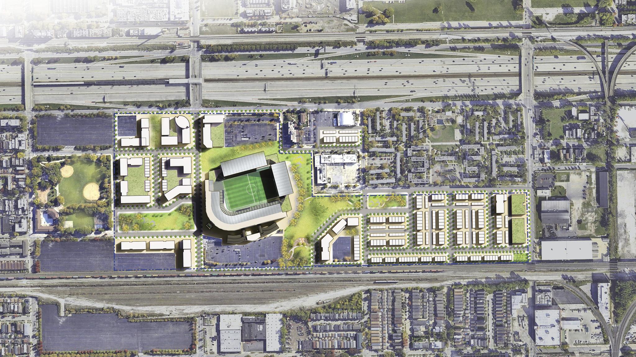 A site map of the current White Sox stadium and surrounding development, including housing in Bridgeport around the current stadium. (Credit: Related Midwest)
