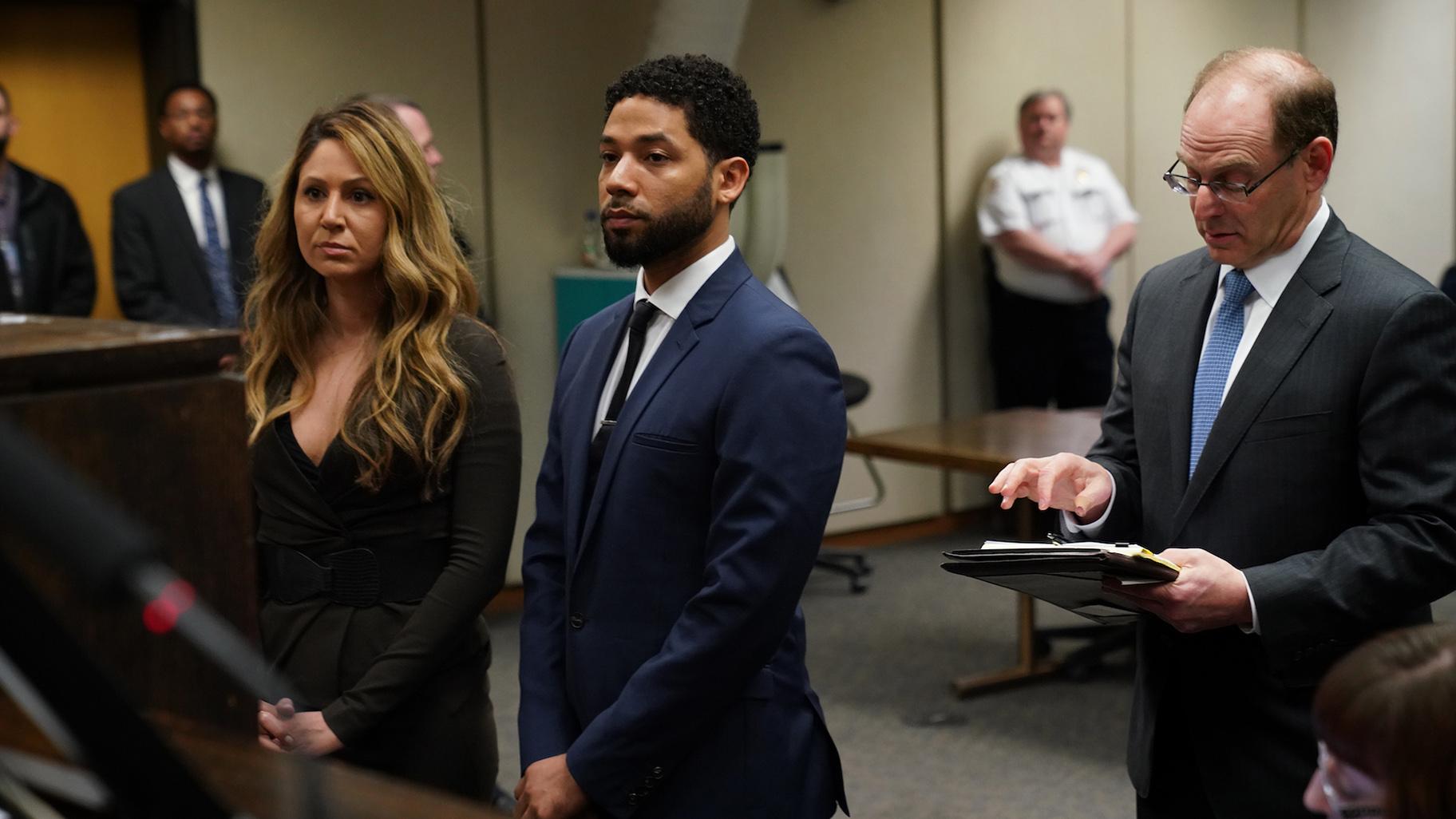 Jussie Smollett appears at a hearing for judge assignment with his attorney Tina Glandian, left, at the Leighton Criminal Court Building on Thursday, March 14, 2019. (E. Jason Wambsgans / Pool / Chicago Tribune)