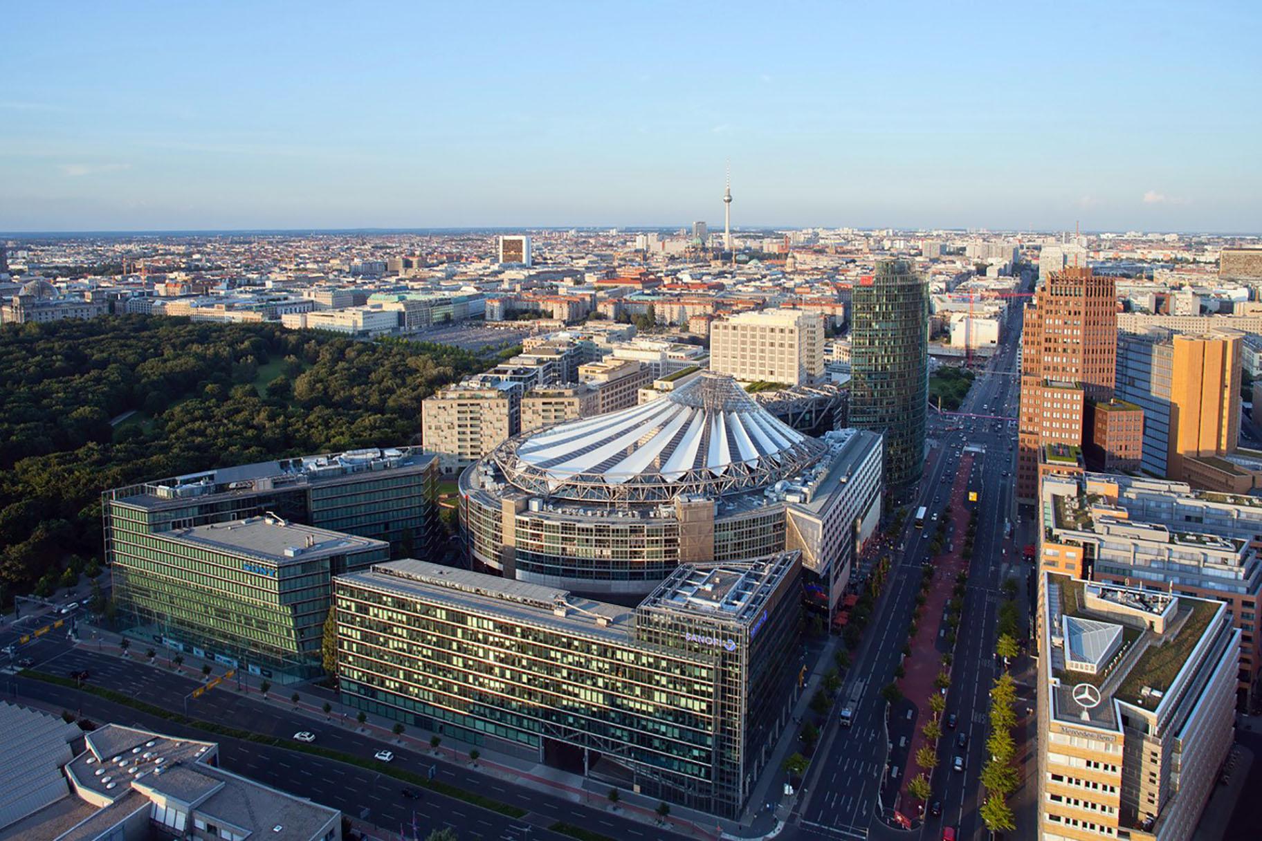 The SONY Center in Berlin, might remind viewers of the Thompson Center with its soaring atrium and spaceship-like exterior. (Courtesy Rainer Viertlboeck)