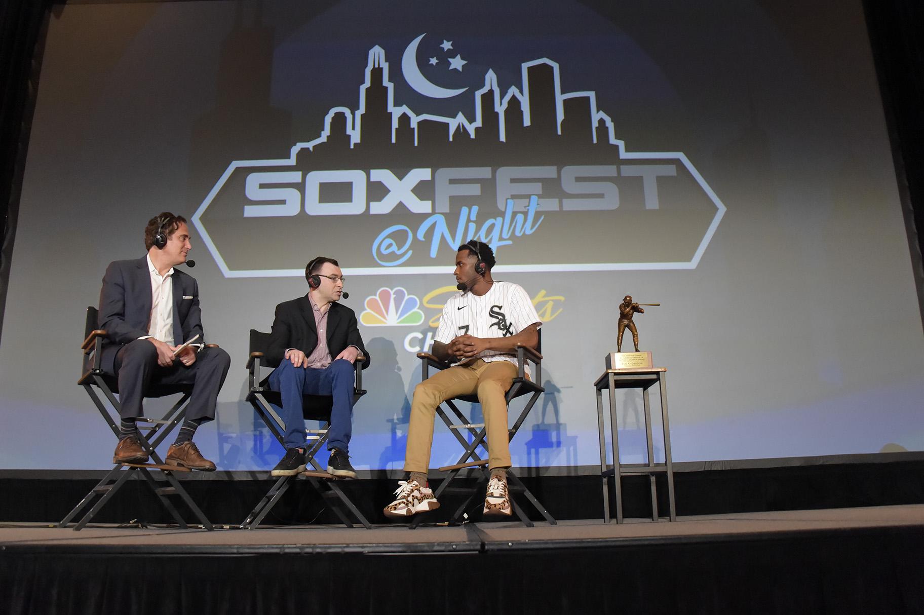White Sox broadcaster Jason Benetti, center, talks with 2019 American League Batting Champion Tim Anderson, right at SoxFest 2020. Also pictured: Chuck Garfien of NBC Sports Chicago. (Courtesy Chicago White Sox / Ron Vesely)