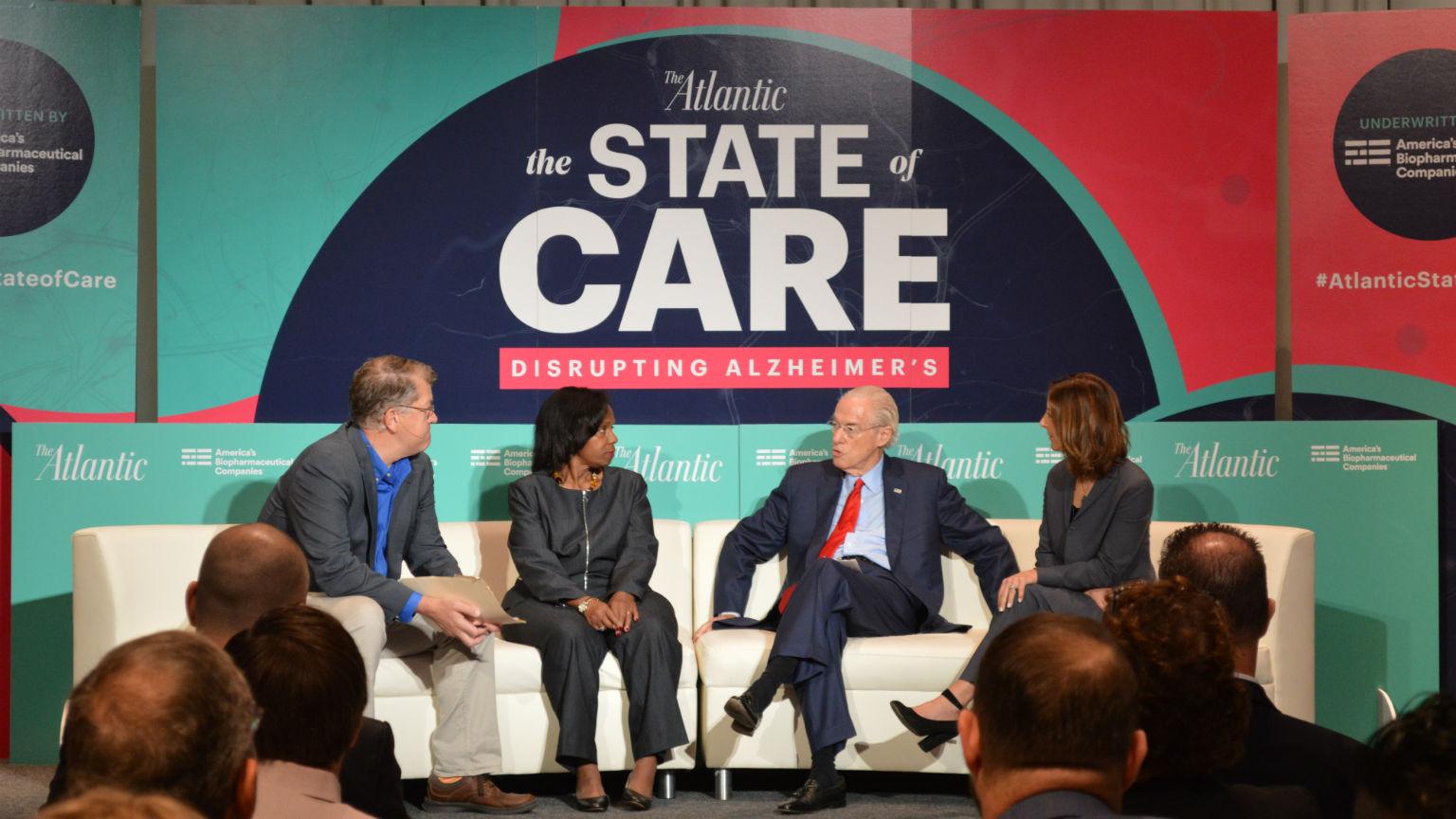 Speakers at The Atlantic’s “Disrupting Alzheimer’s” event on Wednesday, Sept. 12, 2018. From left: Steve Clemons, The Atlantic’s Washington editor at large; Stephanie Monroe, executive director of African Americans Against Alzheimer’s; George Vradenburg, chairman and co-founder of Us Against Alzheimer’s; and Jill Lesser, president of Women Against Alzheimer’s. (Kristen Thometz / Chicago Tonight)