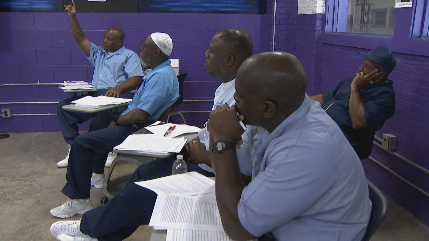 Men at Stateville Correctional Center participate in a class through Northwestern University’s Prison Education Program on Aug. 15, 2022. (WTTW News)
