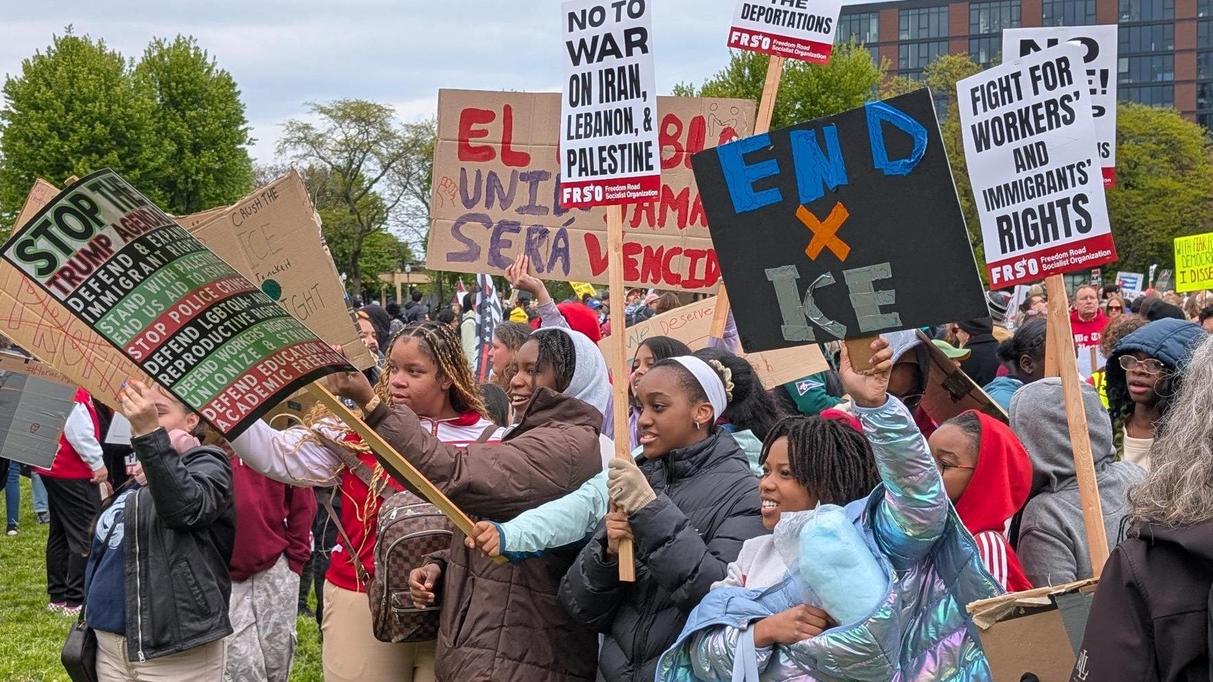 Students from Horace Mann Academy attend the May Day rally in Union Park on May 1, 2026. (Matt Masterson / WTTW News)