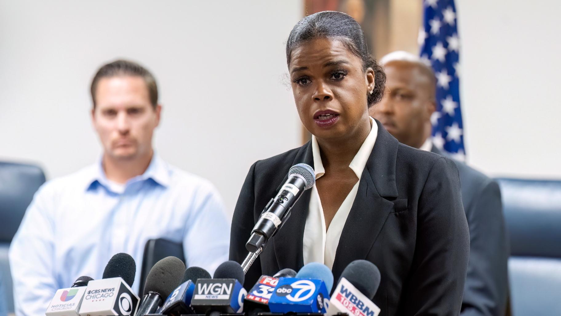 Cook County State’s Attorney Kim Foxx on Sept. 3, 2024, speaks to reporters at the Forest Park Village Hall over the shooting death of four people on a CTA Blue Line train in Forest Park, Ill. (Tyler Pasciak LaRiviere / Chicago Sun-Times via AP)