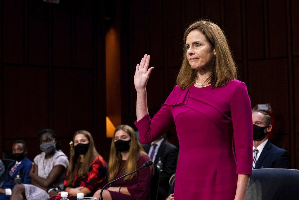 Supreme Court nominee Amy Coney Barrett is sworn in during her Senate Judiciary Committee confirmation hearing on Capitol Hill in Washington, Monday, Oct. 12, 2020. (Erin Schaff / The New York Times via AP, Pool)