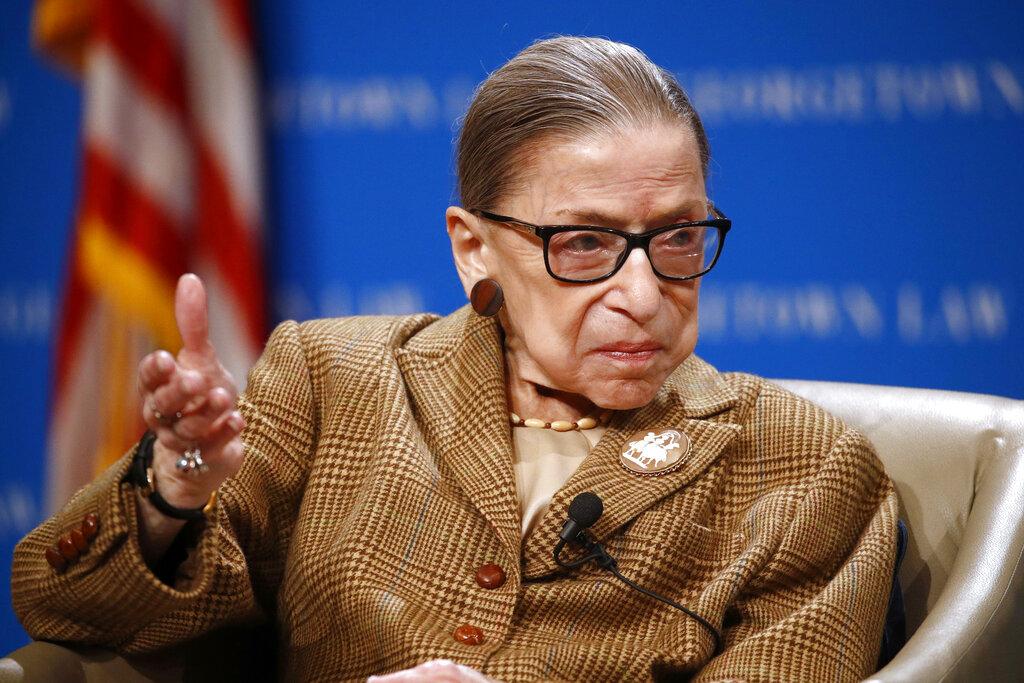 In this Feb. 10, 2020, file photo U.S. Supreme Court Associate Justice Ruth Bader Ginsburg speaks during a discussion on the 100th anniversary of the ratification of the 19th Amendment at Georgetown University Law Center in Washington. (AP Photo / Patrick Semansky, File)