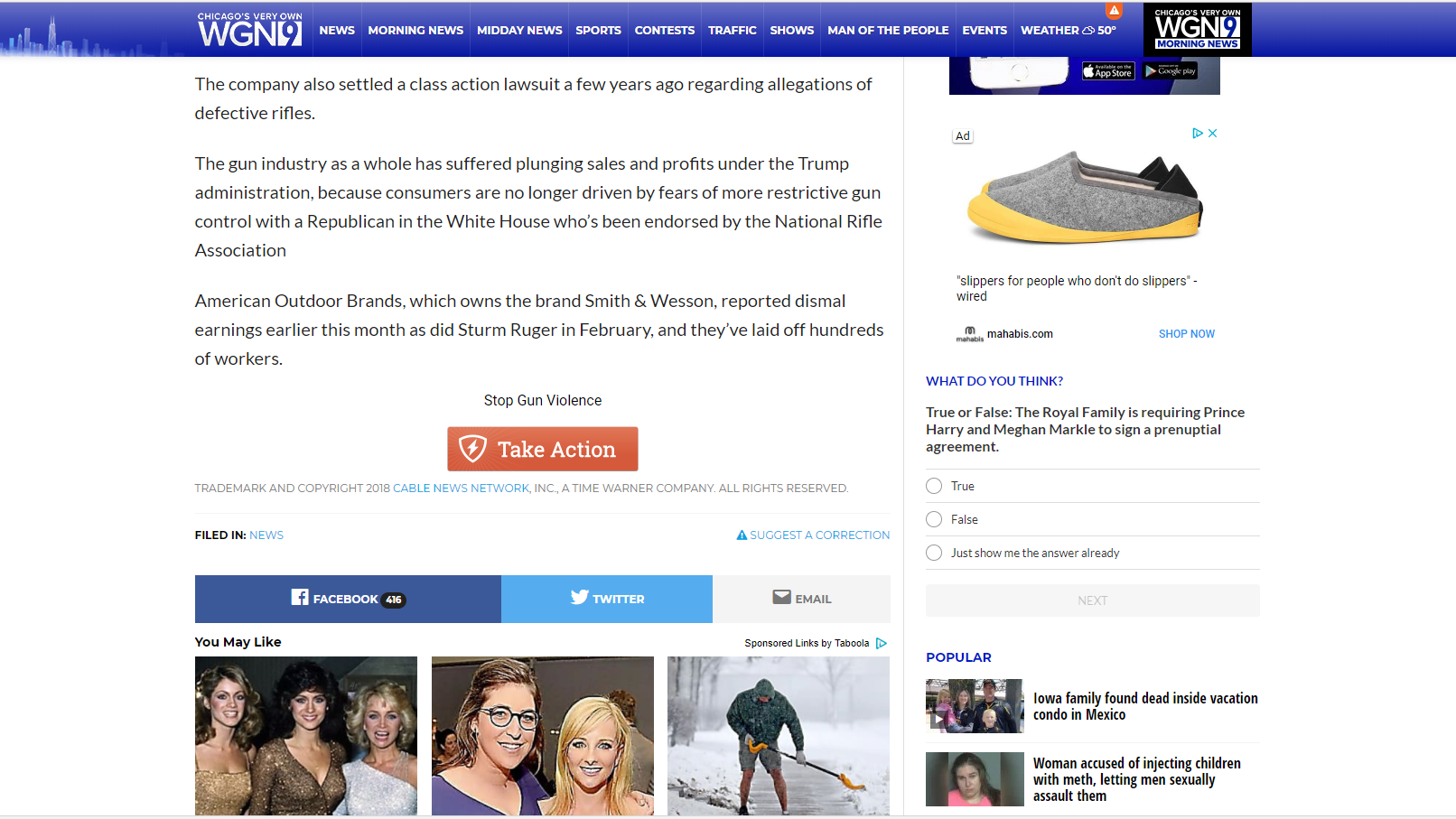 A “take action” button appears on a WGN story about the gun maker Remington on March 26, 2018. 
