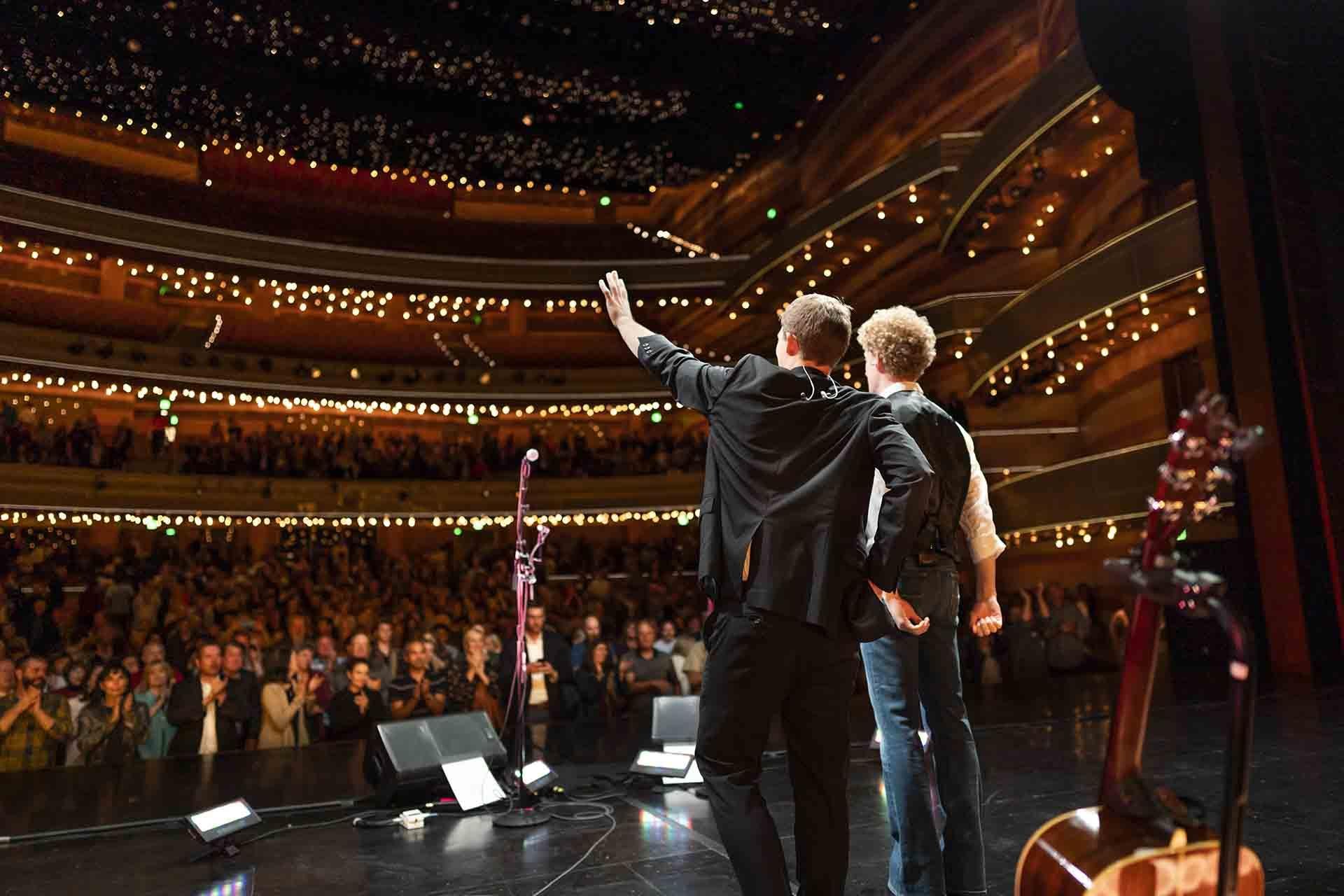 Taylor Bloom (left) and Ben Cooley perform in “The Simon & Garfunkel Story.” (Photo by Lane Peters)
