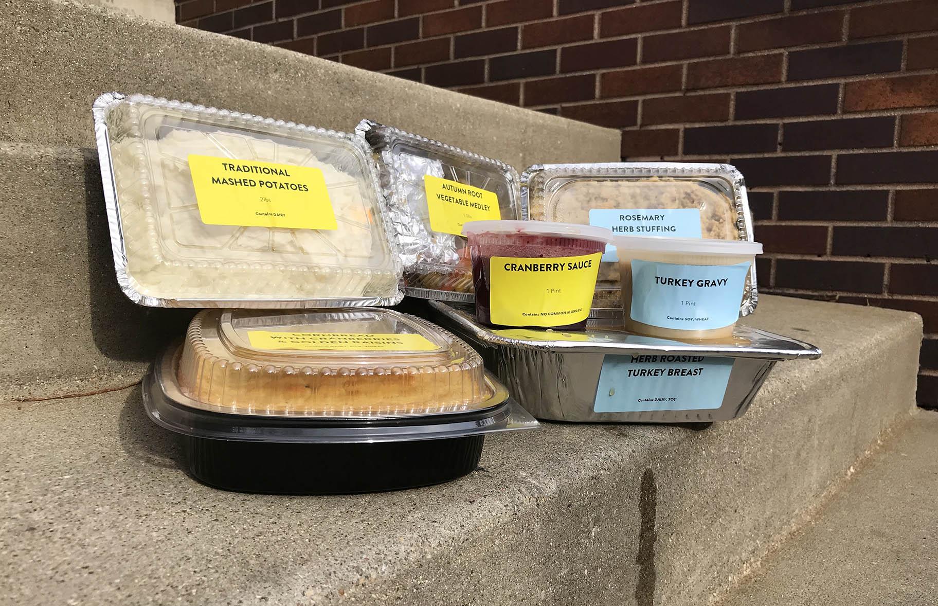 The boxes have all the traditional Thanksgiving goodies: mashed potatoes, cornbread, stuffing, cranberry sauce, gravy, a vegetable medley and 3.5-pound turkey. (Ariel Parrella-Aureli / WTTW News)