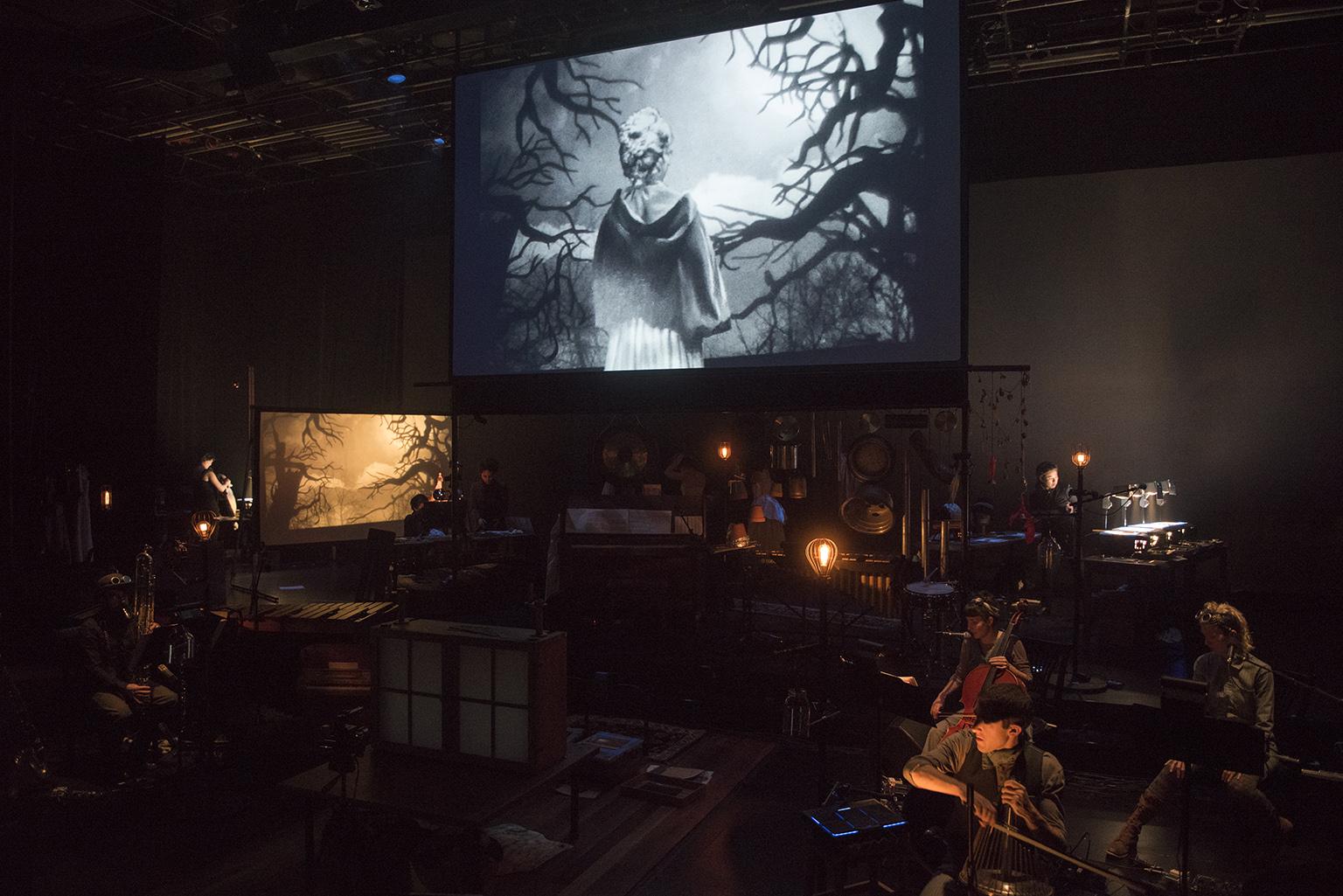 The cast of “Frankenstein” by Manual Cinema at Court Theatre. (Photo by Michael Brosilow)