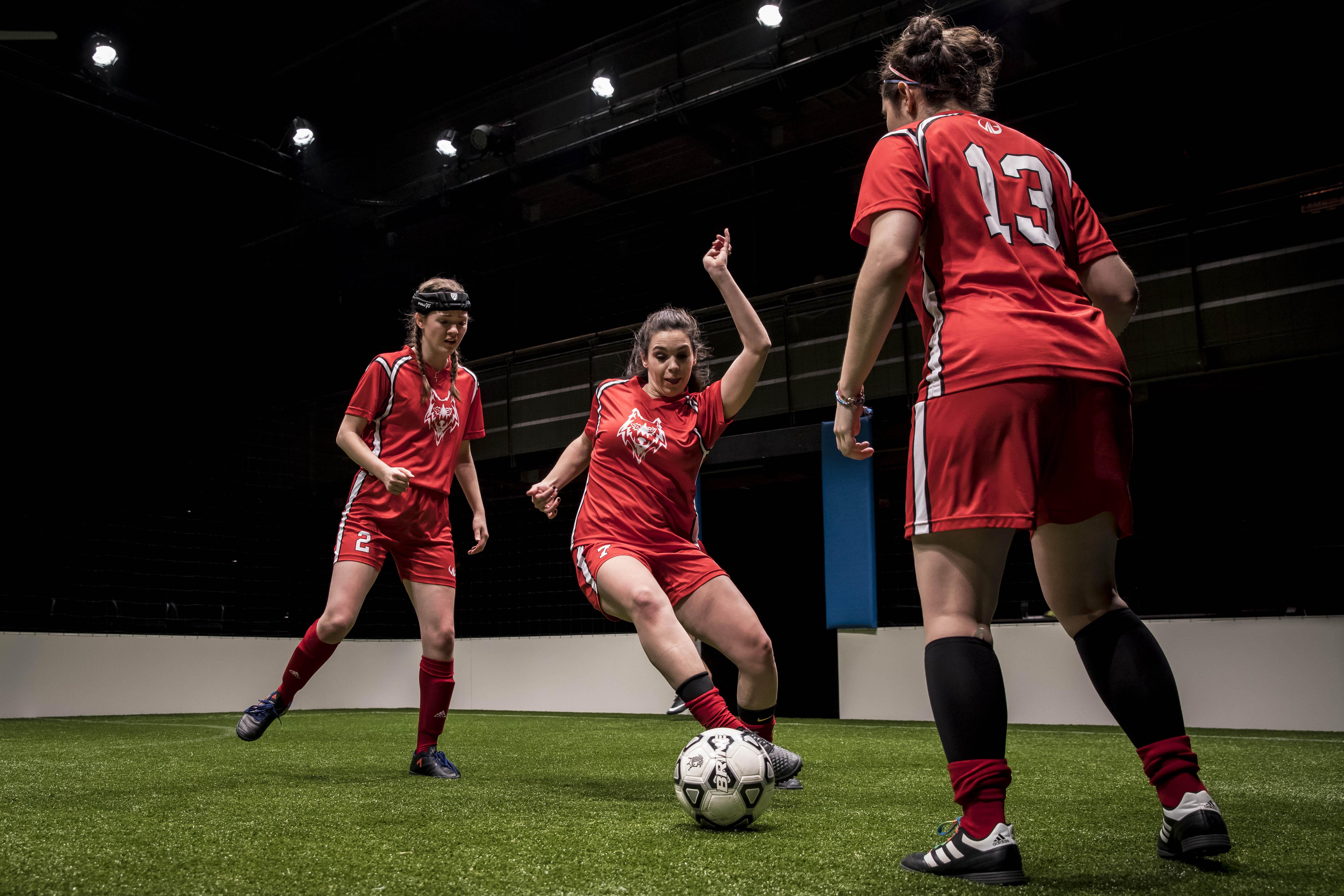 Taylor Blim (No. 2), Natalie Joyce (No. 7) and Mary Tilden (No. 13) in “The Wolves” at Goodman Theatre. (Credit: Liz Lauren)