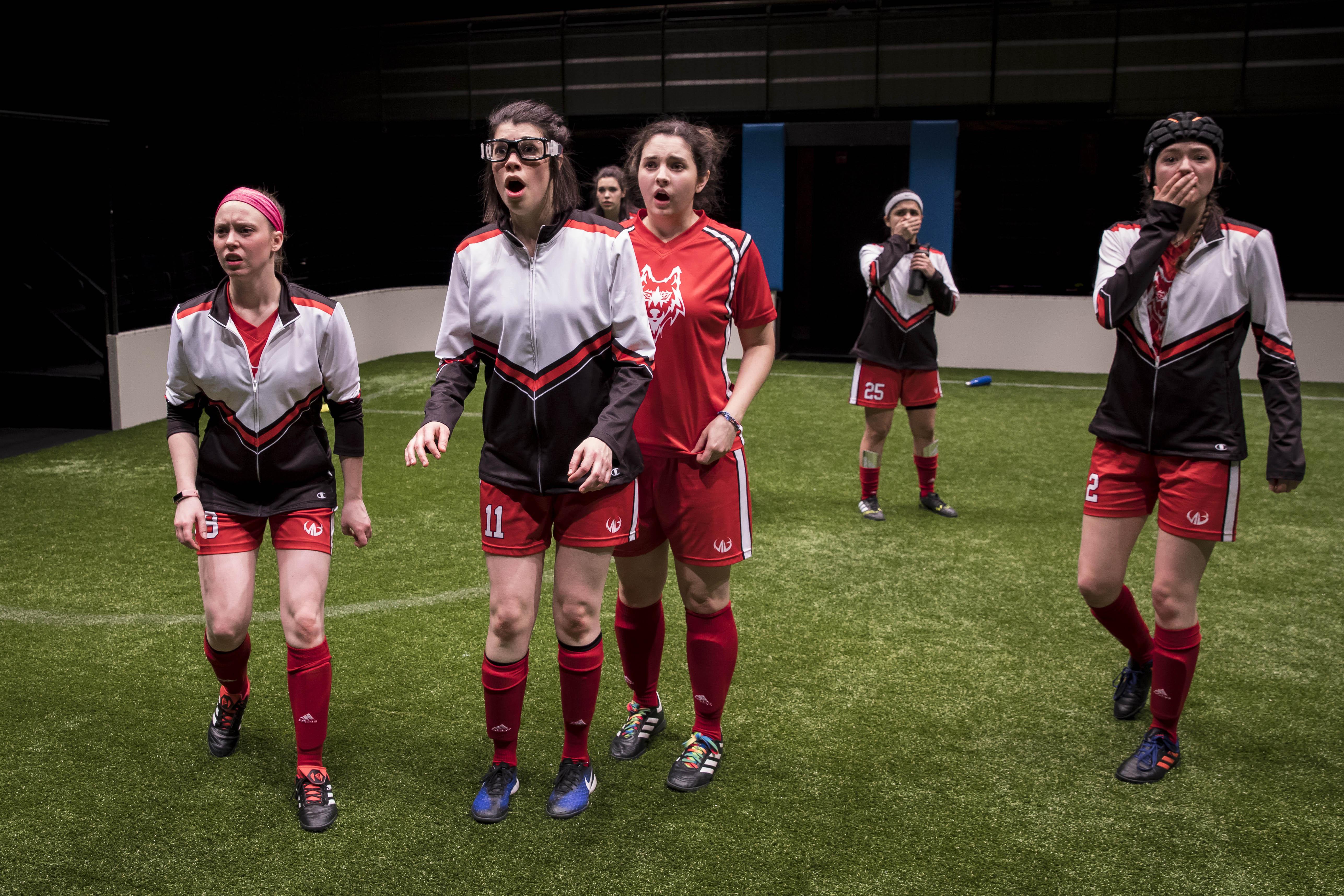 Cydney Moody (No. 8), Sarah Price (No. 11), Natalie Joyce (No. 7), Mary Tilden (No. 13), Isa Arciniegas (No. 25) and Taylor Blim in “The Wolves” at Goodman Theatre. (Credit: Liz Lauren)