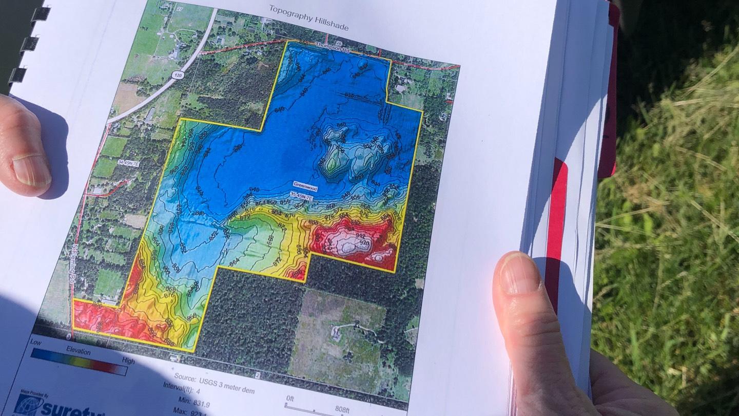 A topographical map of Thompson Road Farm shows the low-lying land, in blue. (Patty Wetli / WTTW News)