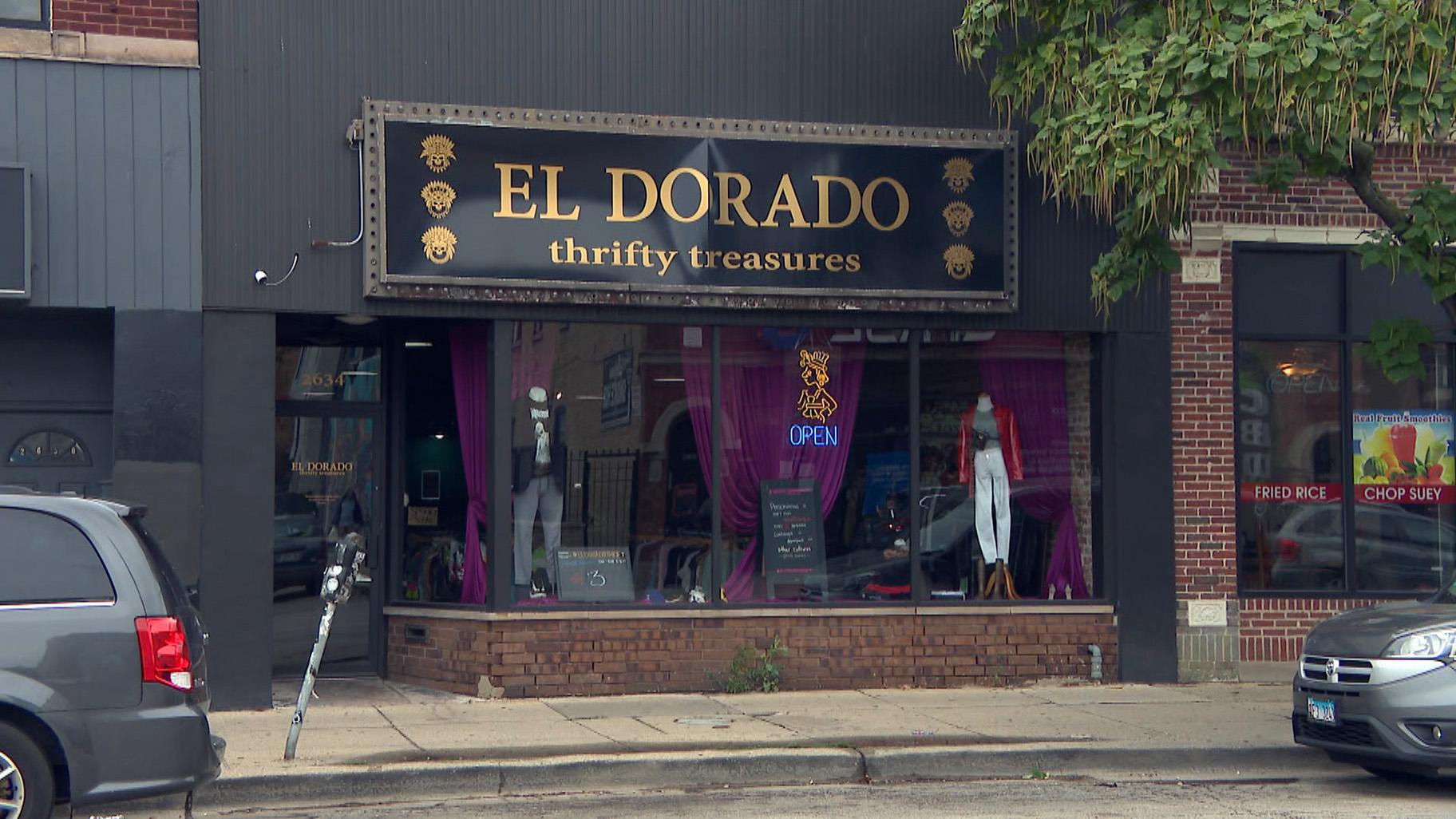 From the gilded ceiling to the neatly arranged shoe display, everything about El Dorado Thrift Store is designed to feel like a stylish boutique. (WTTW News)