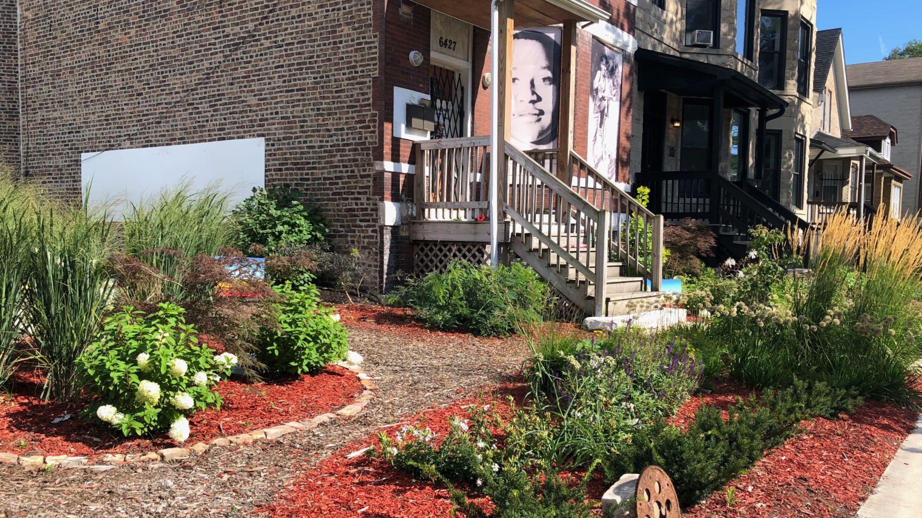 Fresh landscaping at the Emmett Till and Mamie Till-Mobley House. (Patty Wetli / WTTW News)