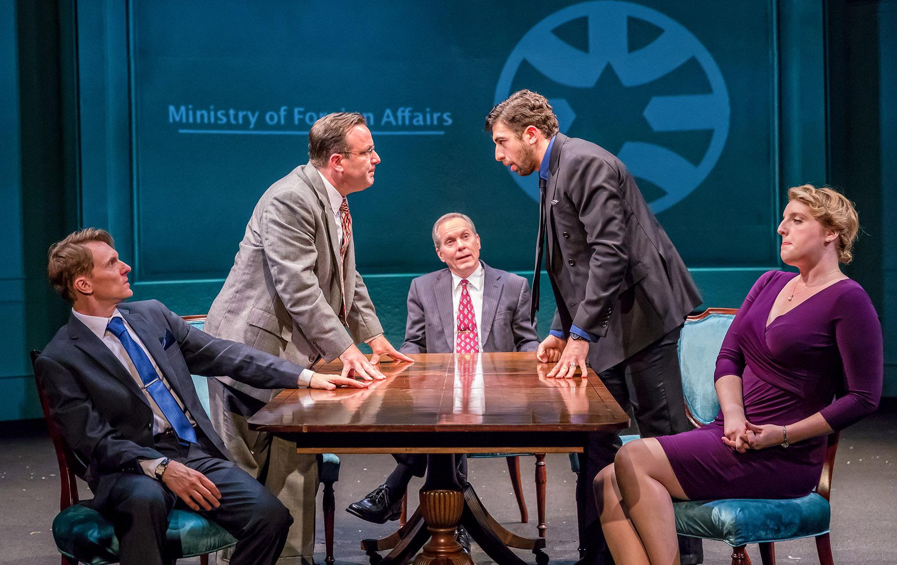 From left: Scott Parkinson, Stef Tovar, David Parkes, Jed Feder and Bri Sudia in TimeLine Theatre Company’s “Oslo.” (Photo by Brett Beiner Photography)