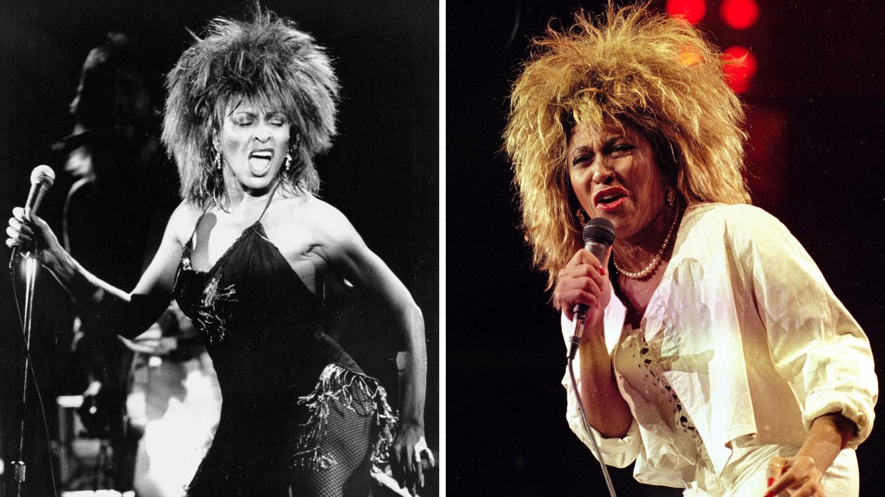 Left: FILE - Tina Turner performs her current hit song "What's Love Got to Do With It" in Los Angeles on Sept. 2, 1984. (AP Photo / Phil Ramey, File) Right: FILE - Tina Turner performs at New York's Madison Square Garden on Aug. 1, 1985. (AP Photo / Ray Stubblebine, File)