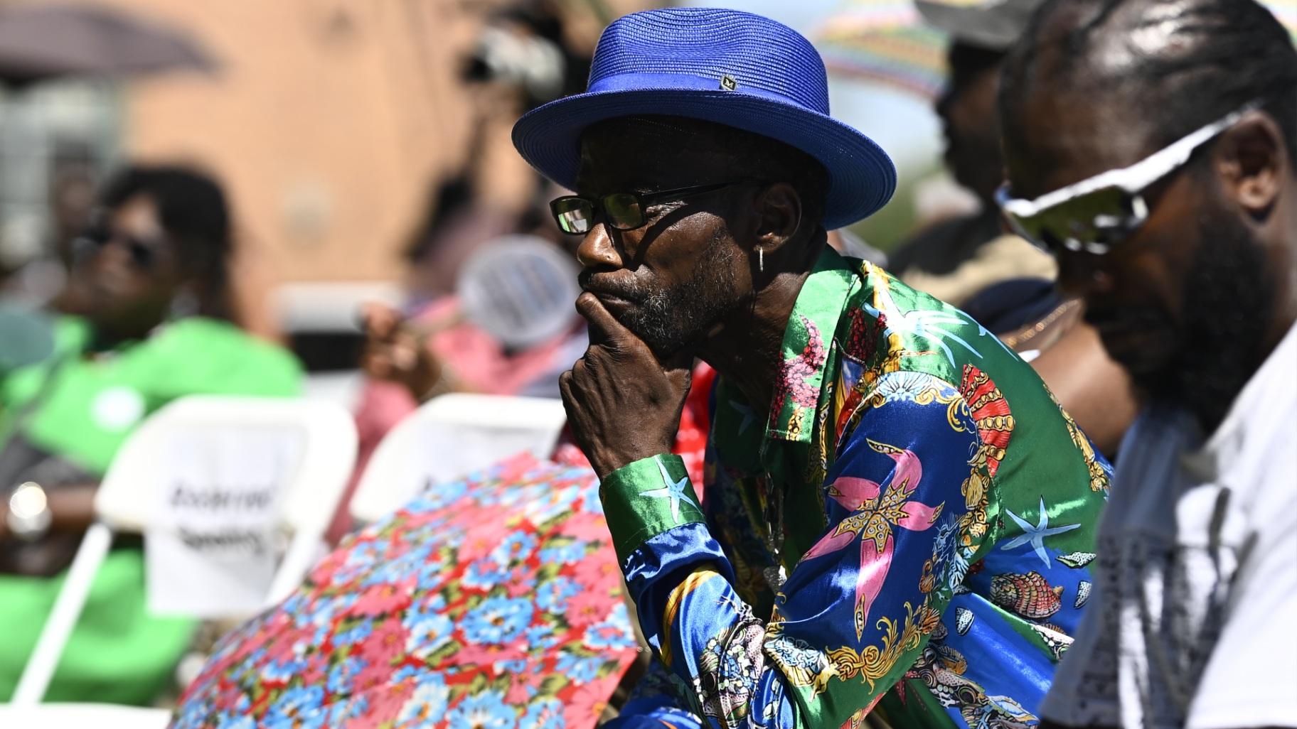 Chicago police torture survivor Mearon Diggins during the groundbreaking ceremony for the Chicago Torture Justice Memorial on July 8, 2026. Diggins said he felt validated by the memorial after many years of his experiences previously not being believed. (Victor Hilitski / WTTW News)