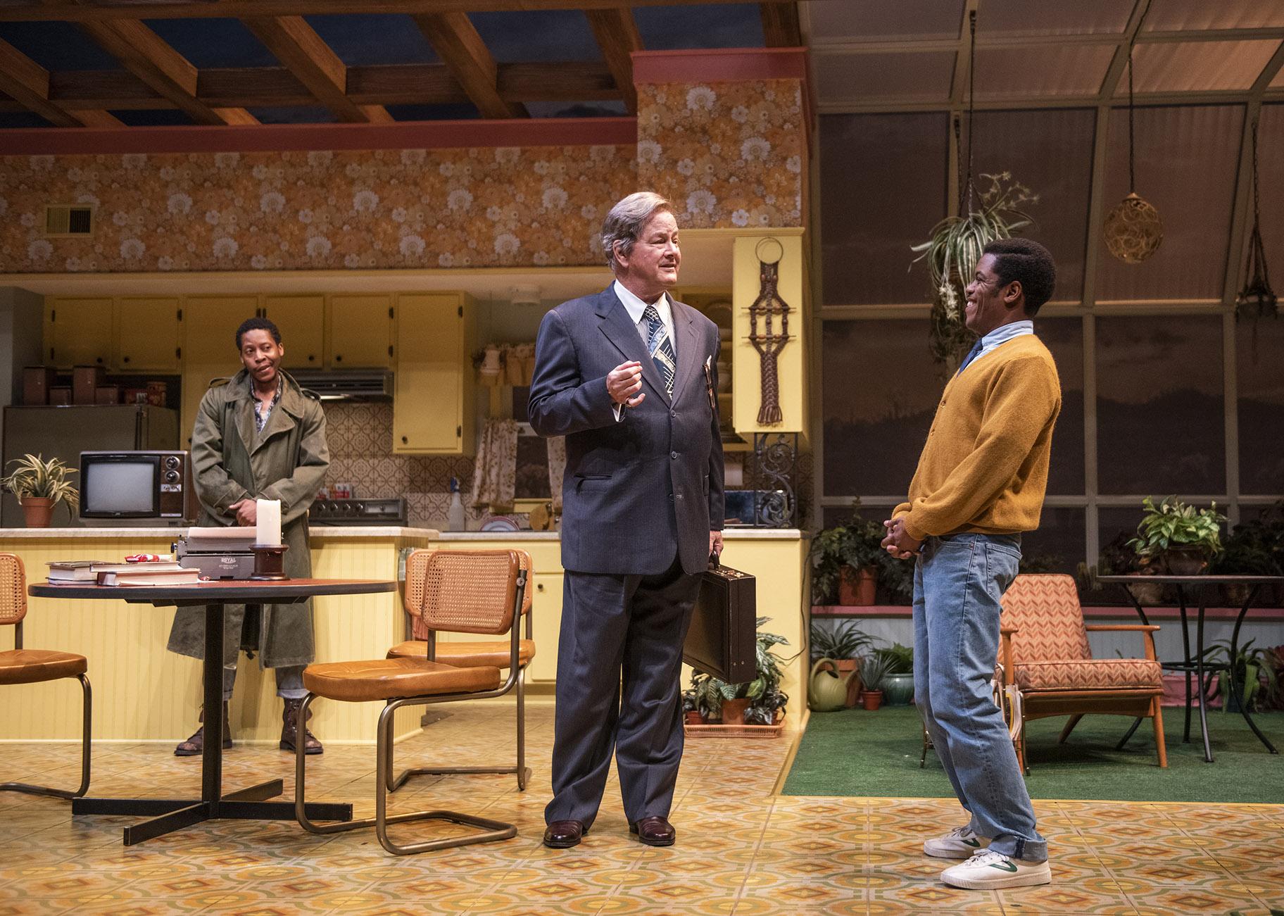 Namir Smallwood (left), Francis Guinan (center) and Jon Michael Hill in “True West.” (Photo by Michael Brosilow)