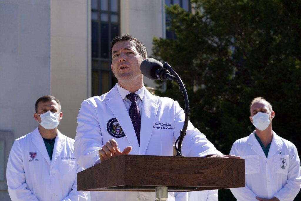 Dr. Sean Conley, physician to President Donald Trump, briefs reporters at Walter Reed National Military Medical Center in Bethesda, Md., Saturday, Oct. 3, 2020. (AP Photo / Susan Walsh)