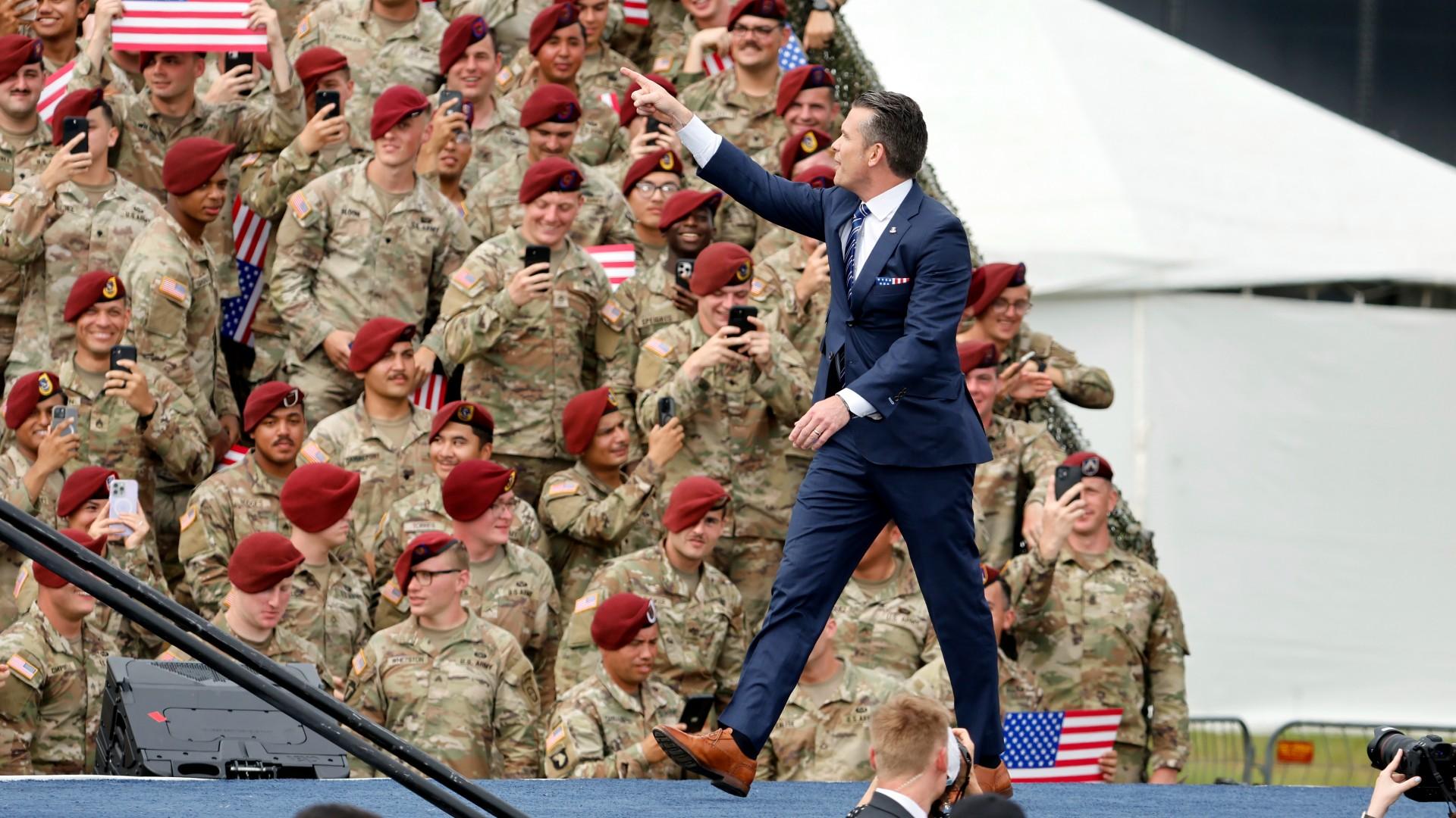 U.S Secretary of Defense Pete Hegseth speaks at Fort Bragg, N.C., Tuesday, June 10, 2025. (AP Photo/Karl DeBlaker)