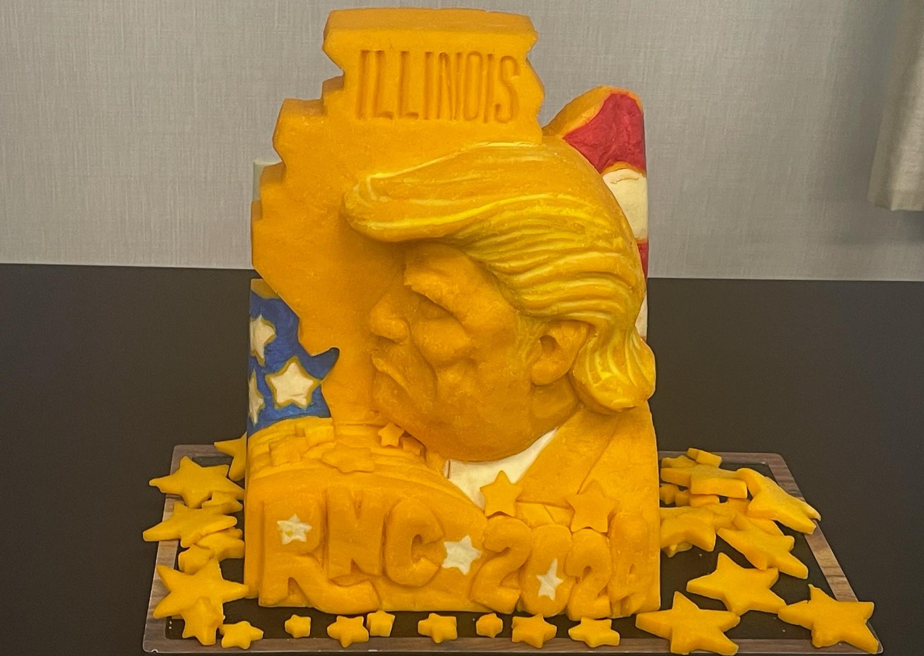 Former President Donald Trump carved into a block of cheese. (Heather Cherone / WTTW News)