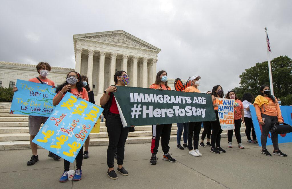 In this June 18, 2020, photo, Deferred Action for Childhood Arrivals (DACA) students celebrate in front of the Supreme Court after the Supreme Court rejected President Donald Trump’s effort to end legal protections for young immigrants in Washington. (AP Photo / Manuel Balce Ceneta)