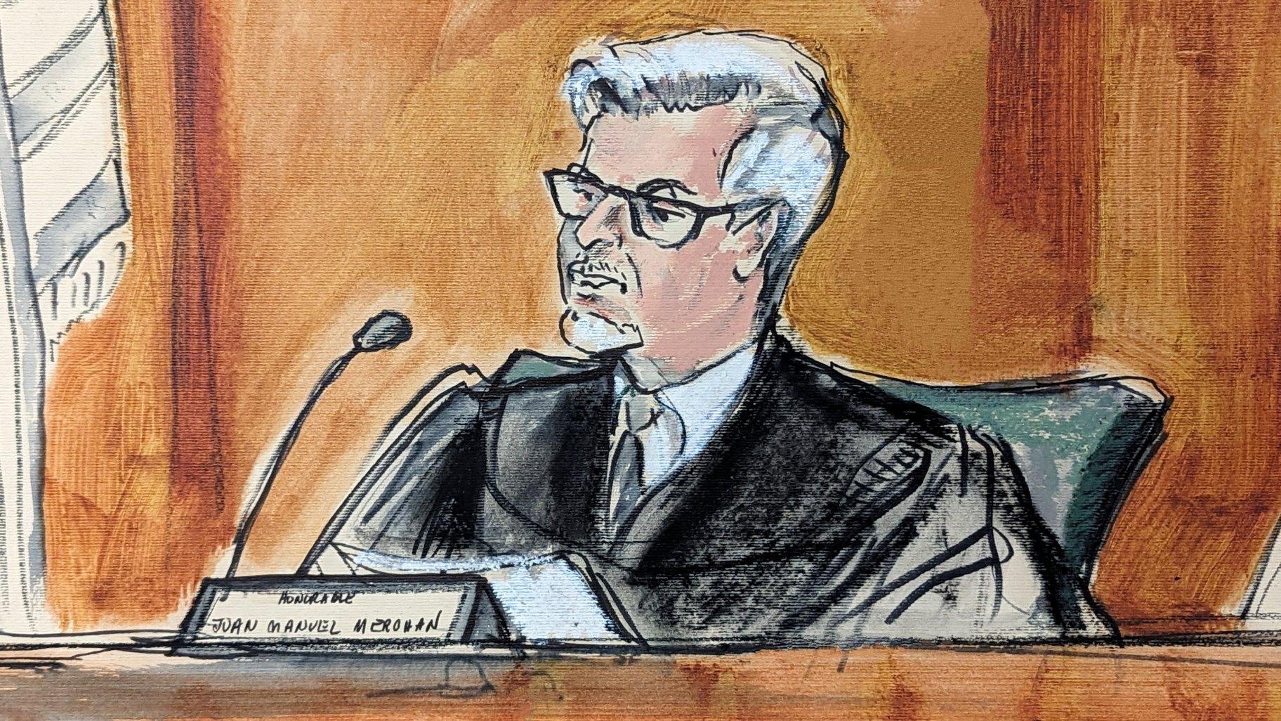 In this artist depiction Judge Juan Merchan presides over former President Donald Trump's trial in Manhattan criminal court, April 23, 2024, in New York. (Elizabeth Williams via AP)