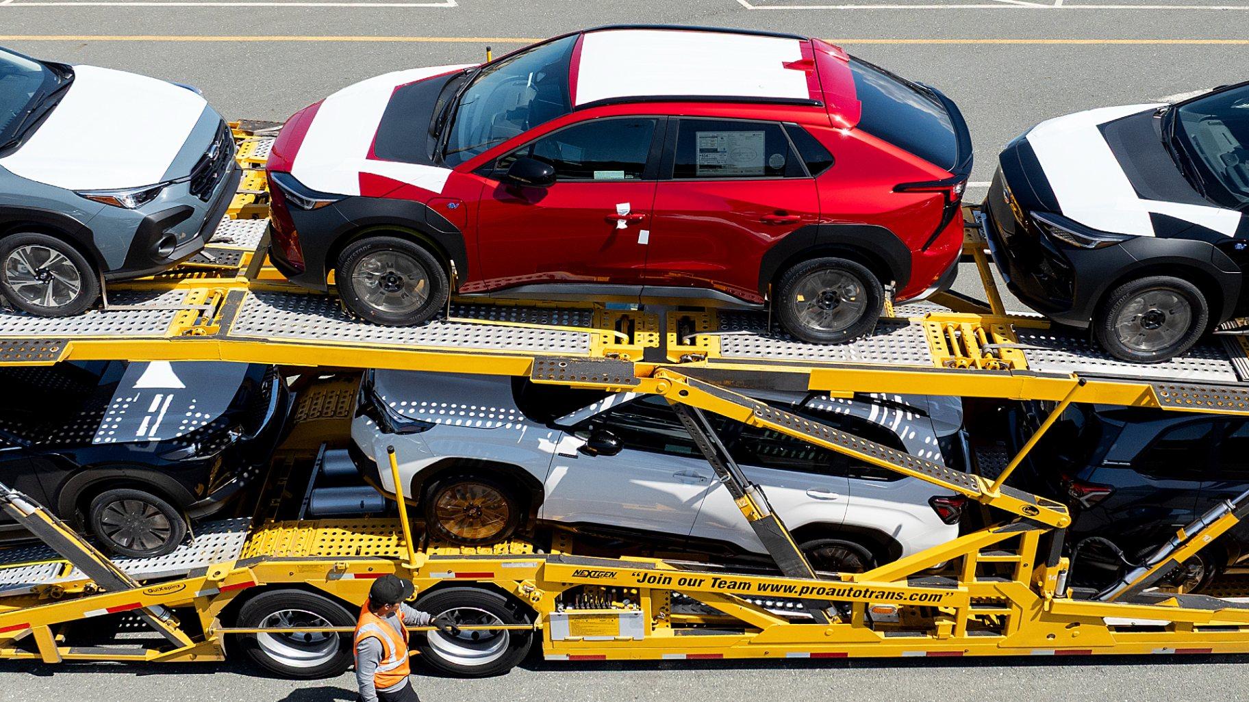 Cars rest on a carrier at the BNSF Railway vehicle storage facility at the Port of Richmond on Thursday, April 3, 2025, in Richmond, Calif. (AP Photo / Noah Berger)