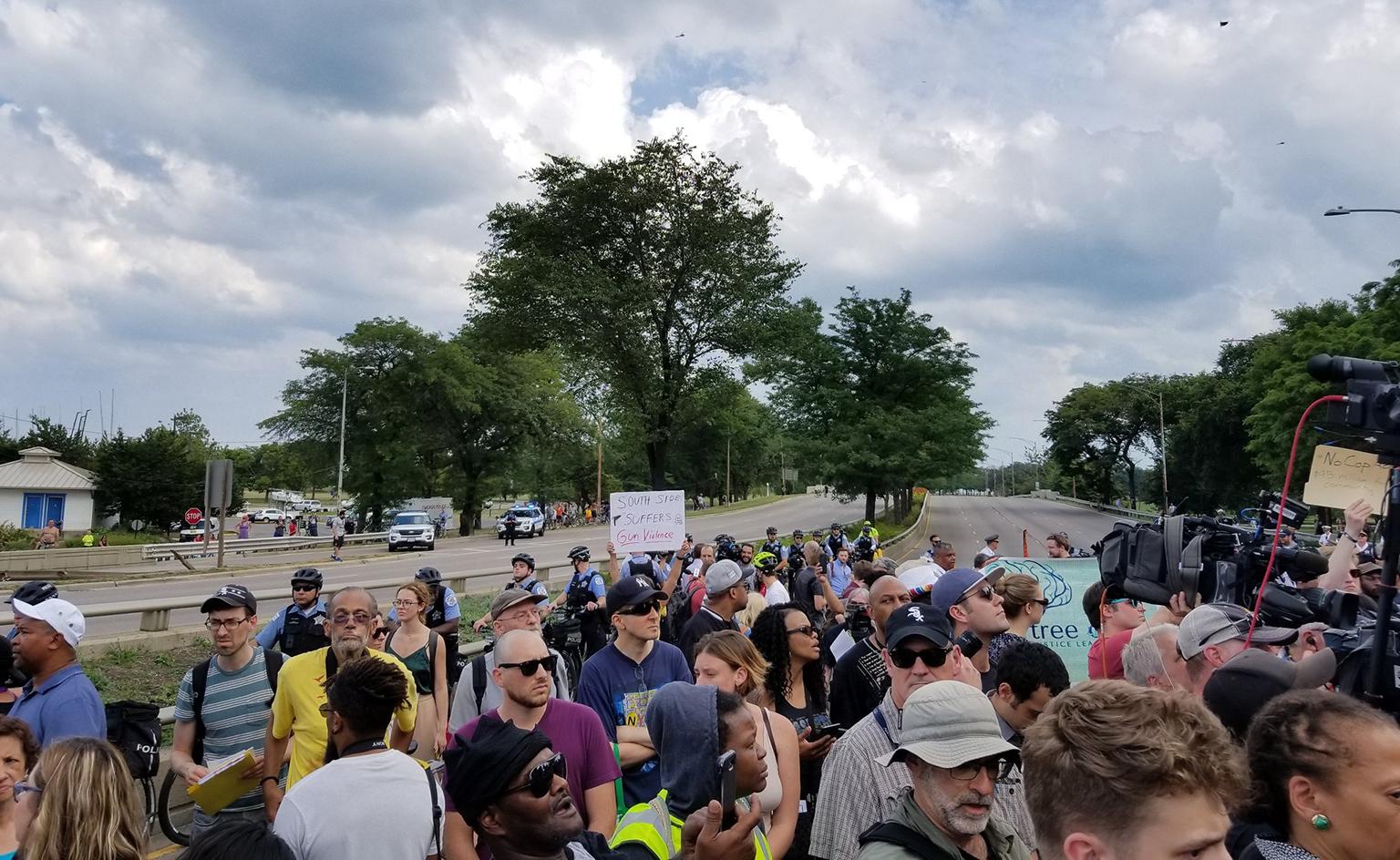 Northbound and southbound lanes are closed on a portion of Lake Shore Drive on Thursday as protesters move onto the roadway. (Matt Masterson / Chicago Tonight)