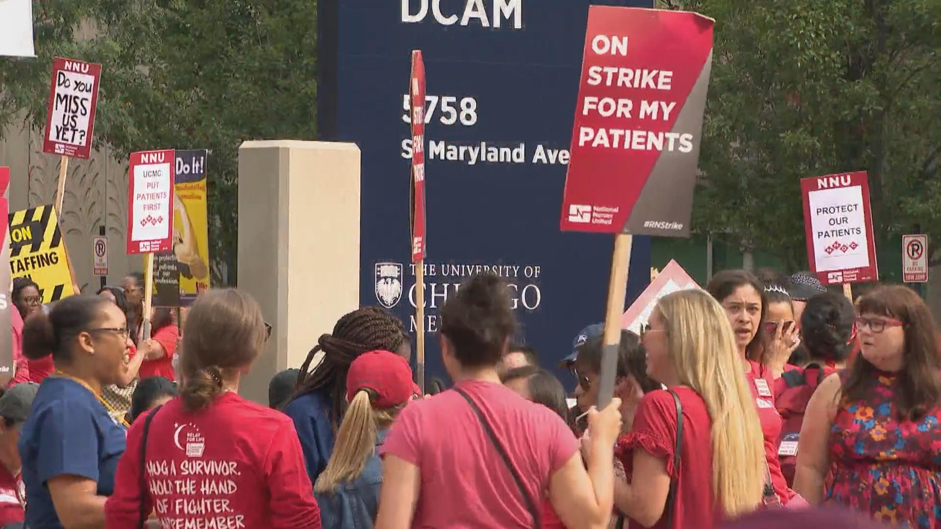 Hundreds of people hit the picket line at 7 a.m. Friday to protest what nurses describe as staffing shortages and forced overtime that are risking the safety of patients at the 618-bed hospital. (WTTW News)