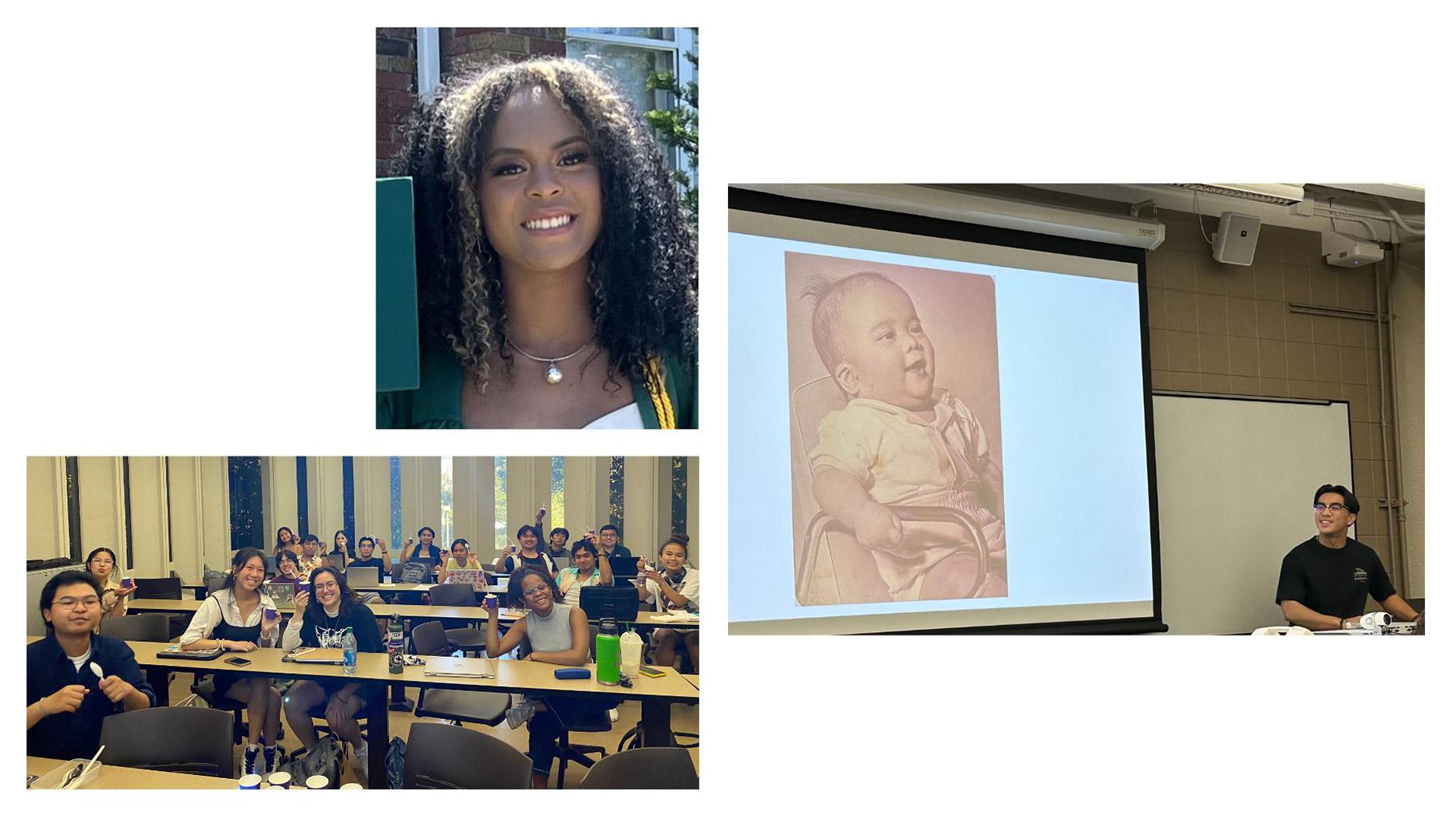 Top Left: Breanna Williams, sophomore at UIC, expressed interest in Intro to Filipino American Studies being offered through the Global Asian Studies program. (Courtesy of Breanna Williams). Bottom Left: Students taking Intro to Filipino American Studies at UIC eating ice cream on Oct. 3. (Courtesy of Mikaela Cruz). Right: Student Patrick Sengco presenting his Pamilya Migration History Oral History project on Oct. 3 that he conducted of his father Noel Sengco, pictured as a baby. (Courtesy of Anna Guevarra)