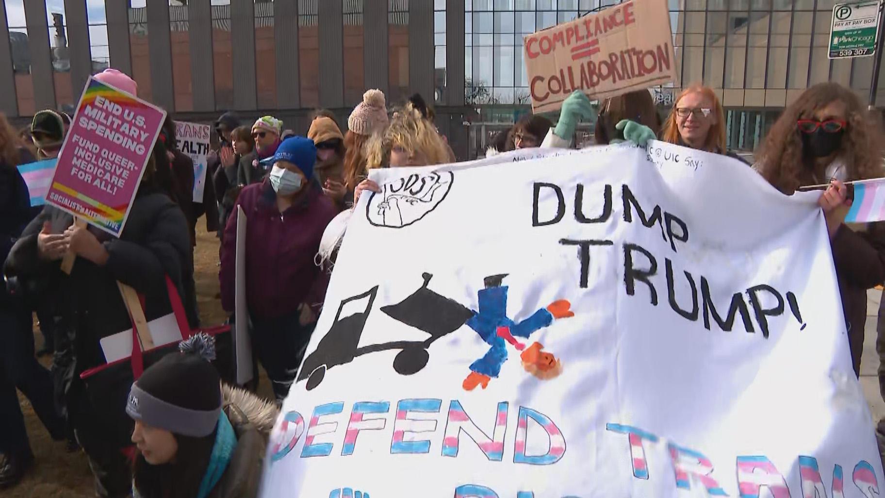 Protesters in support of gender-affirming health care gather at the University of Illinois Hospital on the Near West Side on Feb. 6, 2025. (WTTW News)