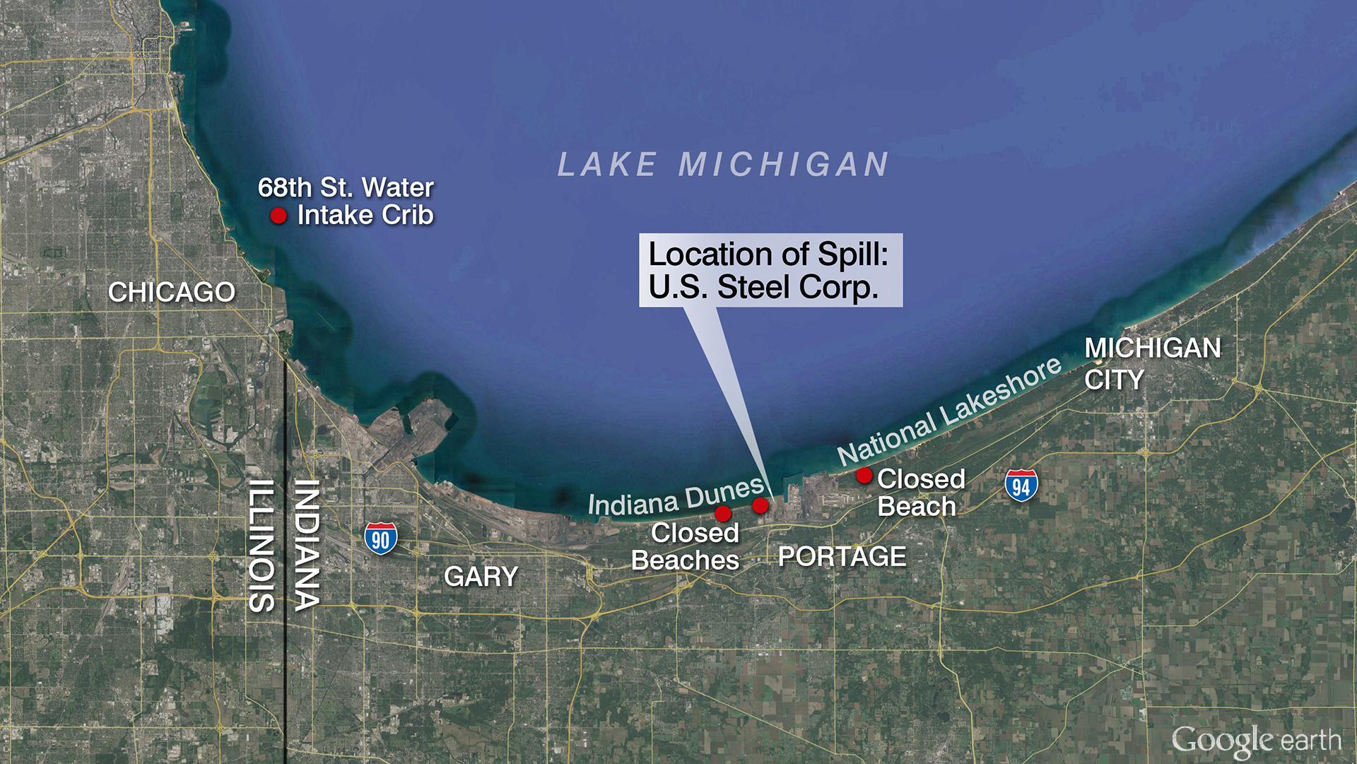 pic Chicago Lake Michigan Map u s steel over lake michigan pollution