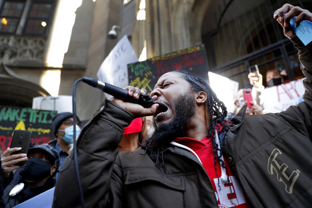 Joseph Saunders and other members of Chicago’s St. Sabina Catholic Church rally outside the Archdiocesan Pastoral Center in Chicago demanding resolution of the investigation into allegations against the Rev. Michael Pfleger on Wednesday, Feb 24, 2021 in Chicago. 