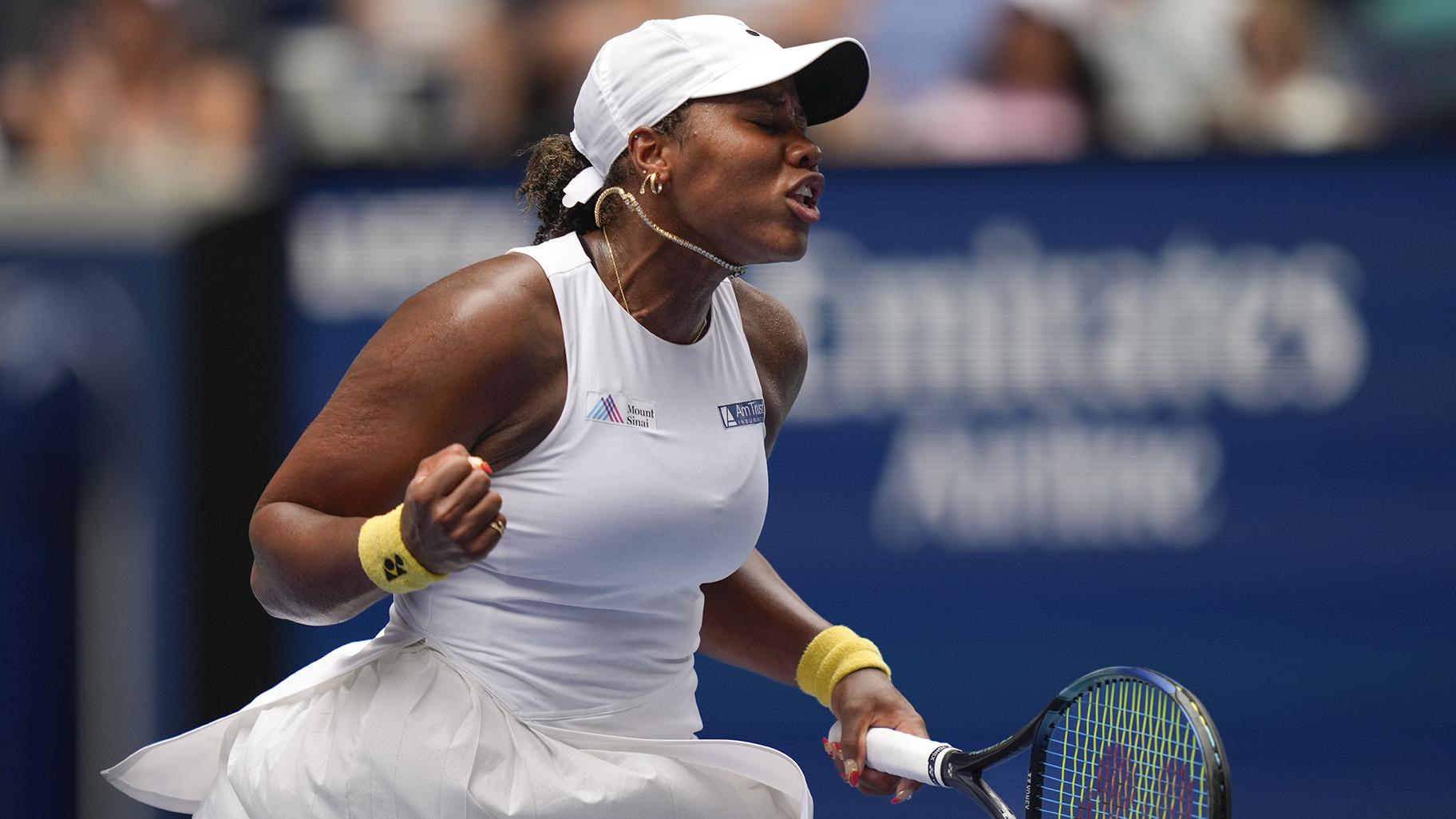 aylor Townsend, of the United States, reacts after scoring a point against Paula Badosa, of Spain, during the first round of the U.S. Open tennis championships, Wednesday, Aug. 28, 2024, in New York. (AP Photo / Julia Nikhinson)