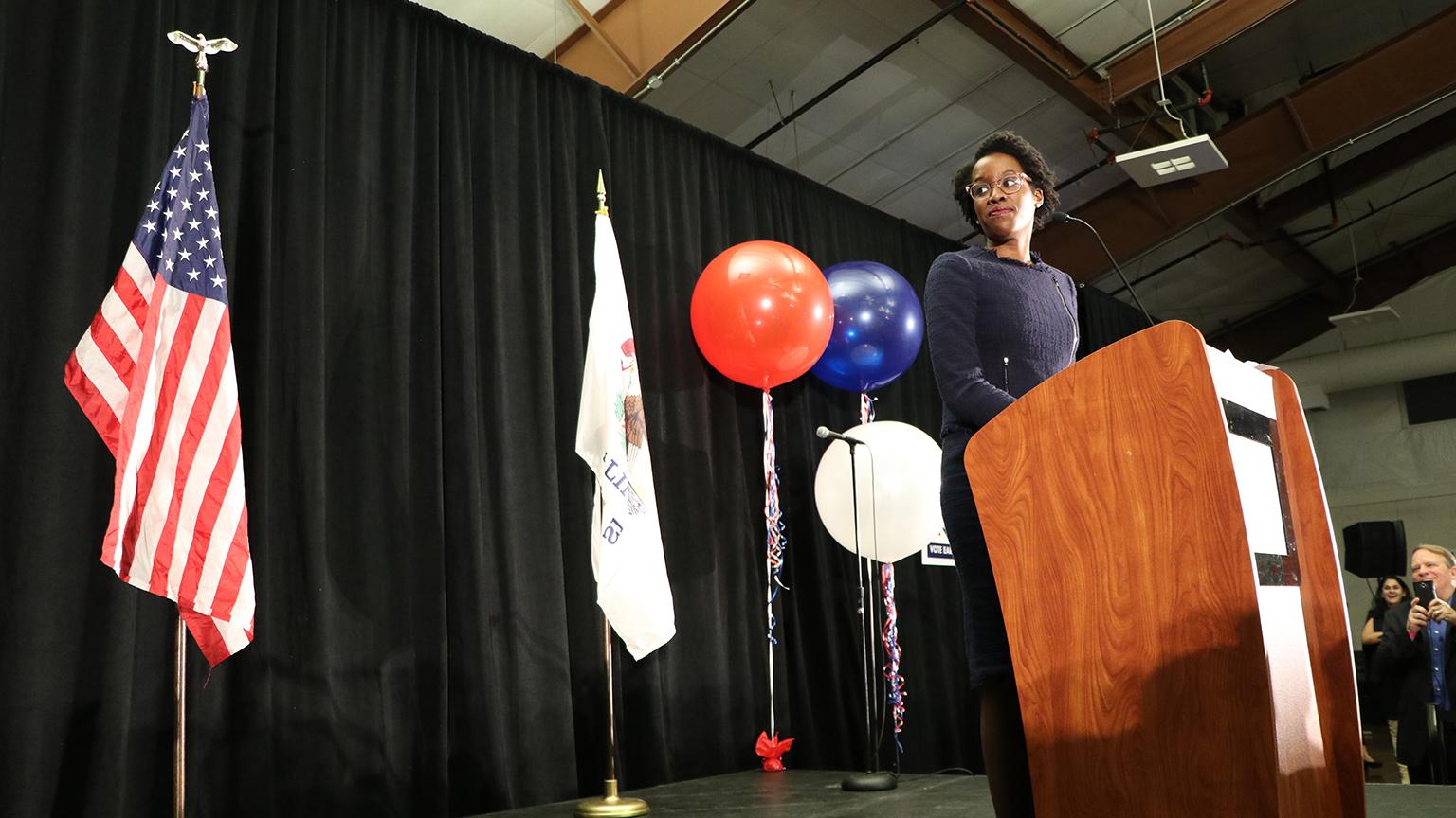 Lauren Underwood gives her victory speech Tuesday after winning the election for Illinois’ 14th Congressional District.  (Evan Garcia / Chicago Tonight)